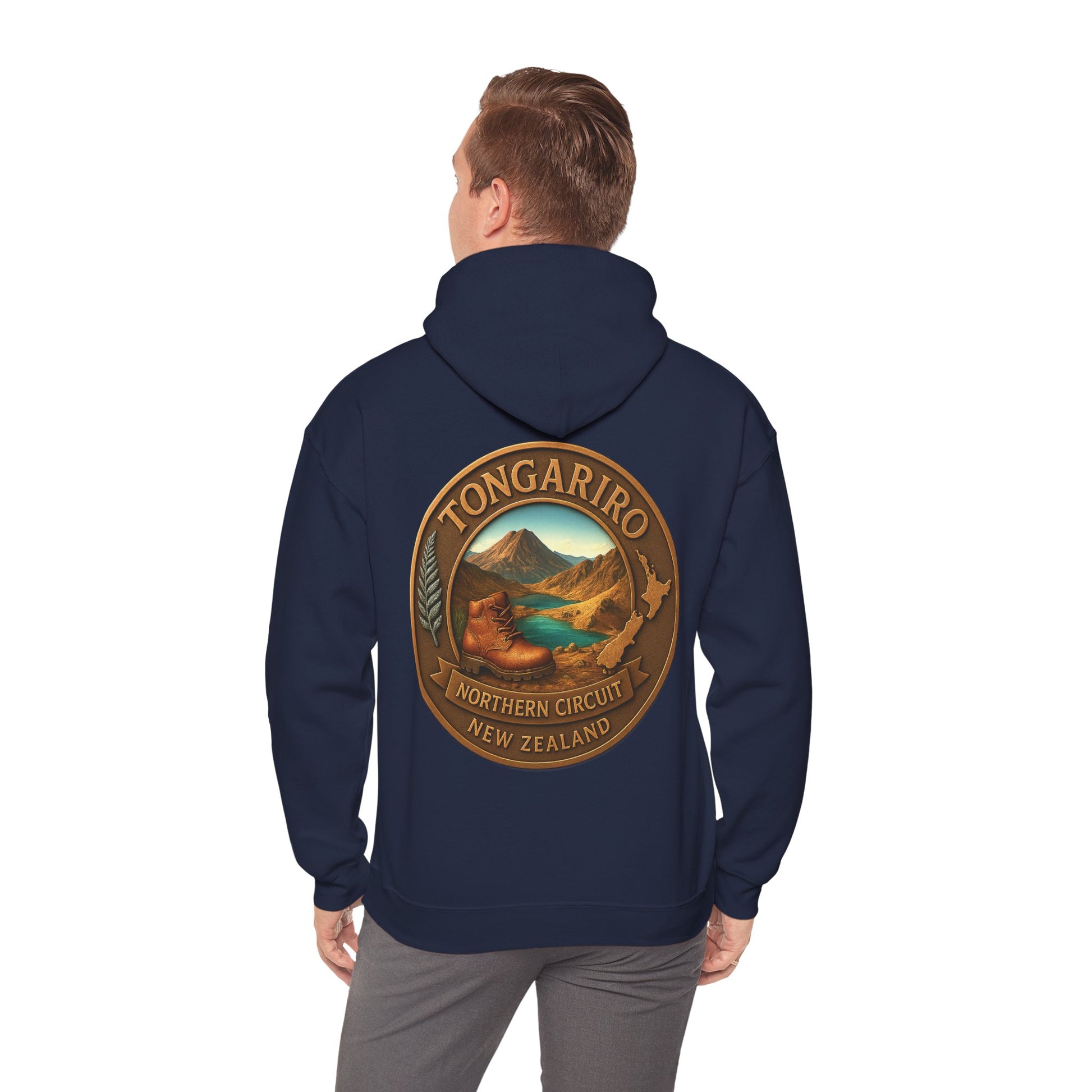 Navy blue hoodie with Tongariro Northern Circuit New Zealand design on the back, worn by a person.
