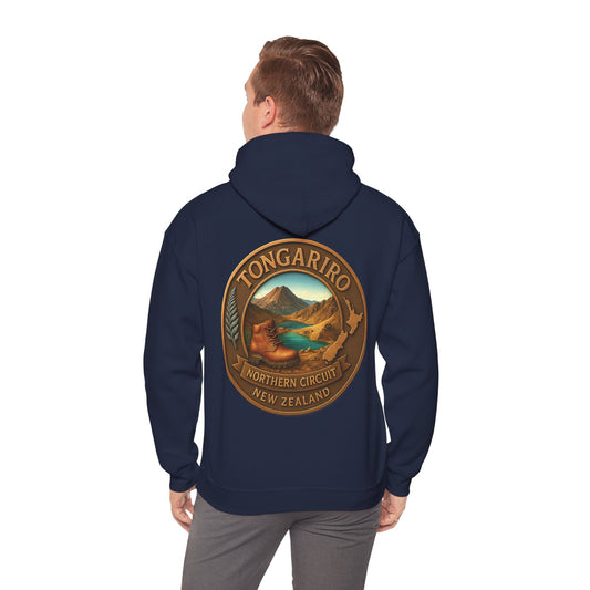 Navy blue hoodie with Tongariro Northern Circuit New Zealand design on the back, worn by a person.