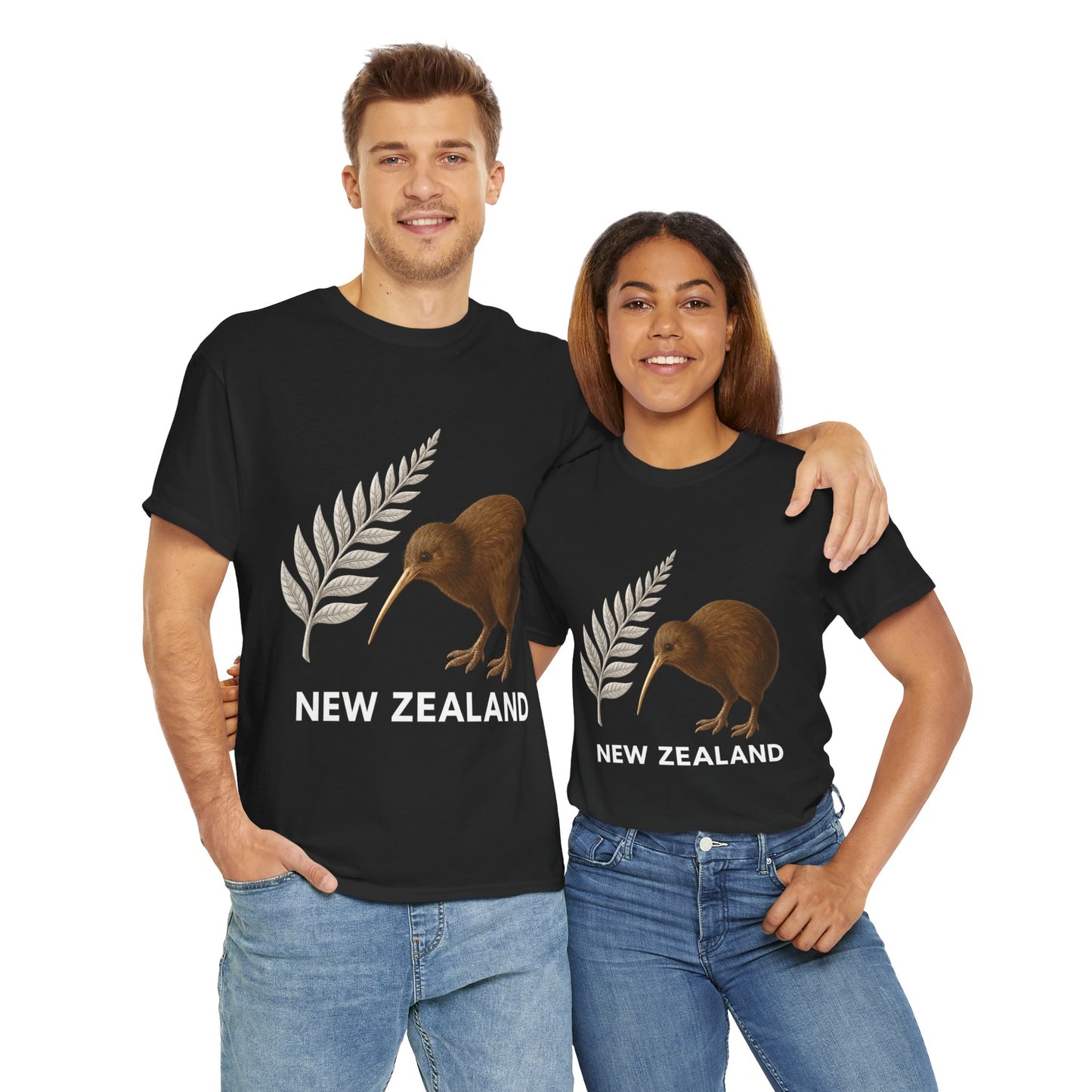 Two people wearing black t-shirts with New Zealand designs on a white background