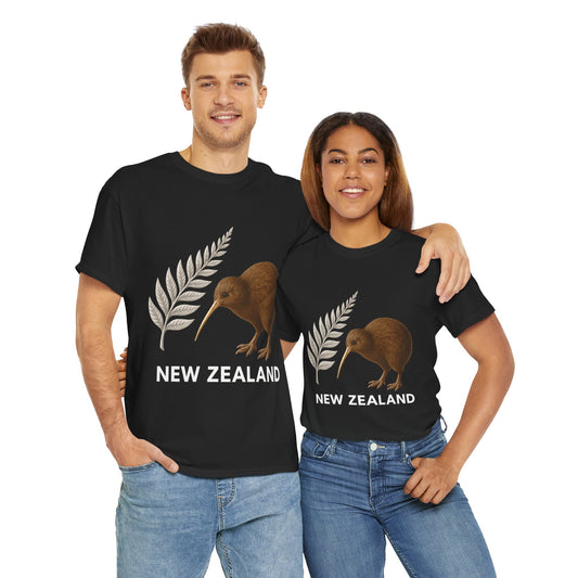 Two people wearing black t-shirts with New Zealand designs on a white background