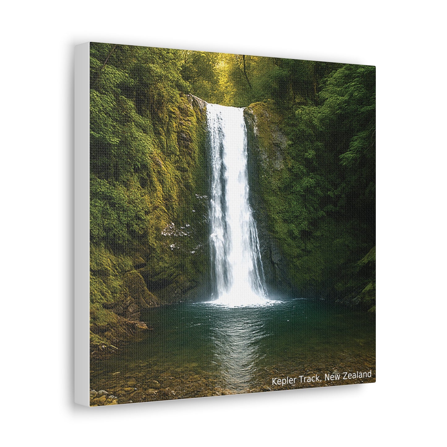 Canvas print of a waterfall in a forest with 'Kepler Track, New Zealand' text.