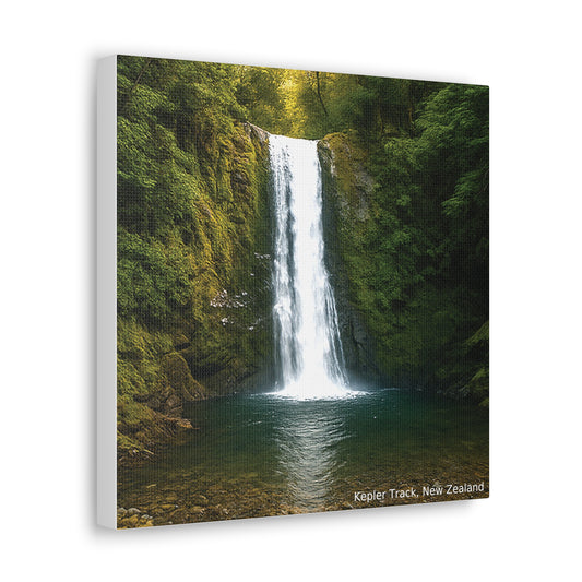 Canvas print of a waterfall in a forest with 'Kepler Track, New Zealand' text.