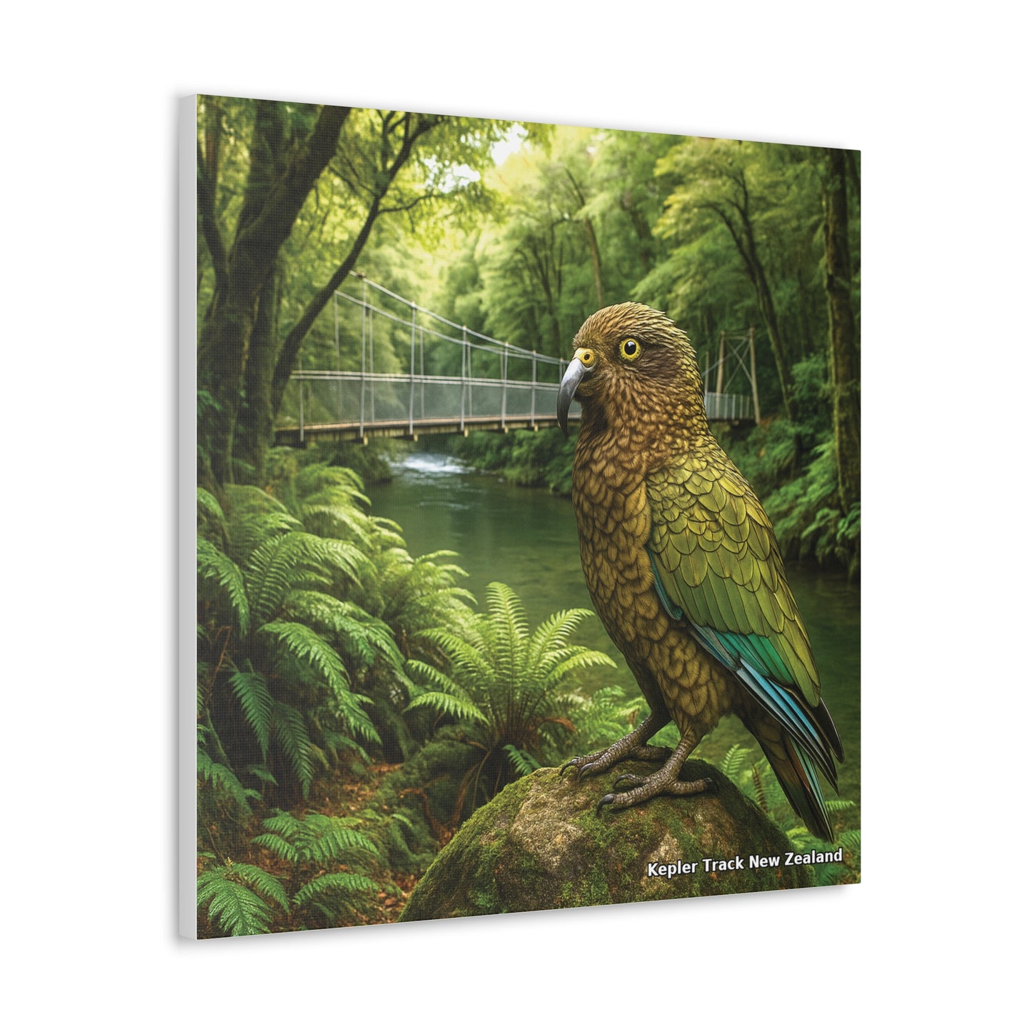 Kepler Track Canvas Print – Kea & Swing Bridge, Fiordland NZ