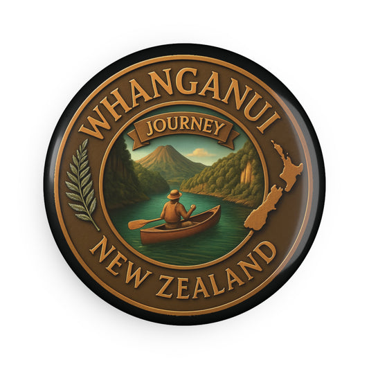 Round badge with 'Whanganui Journey New Zealand' text and a scenic illustration of a person in a canoe.