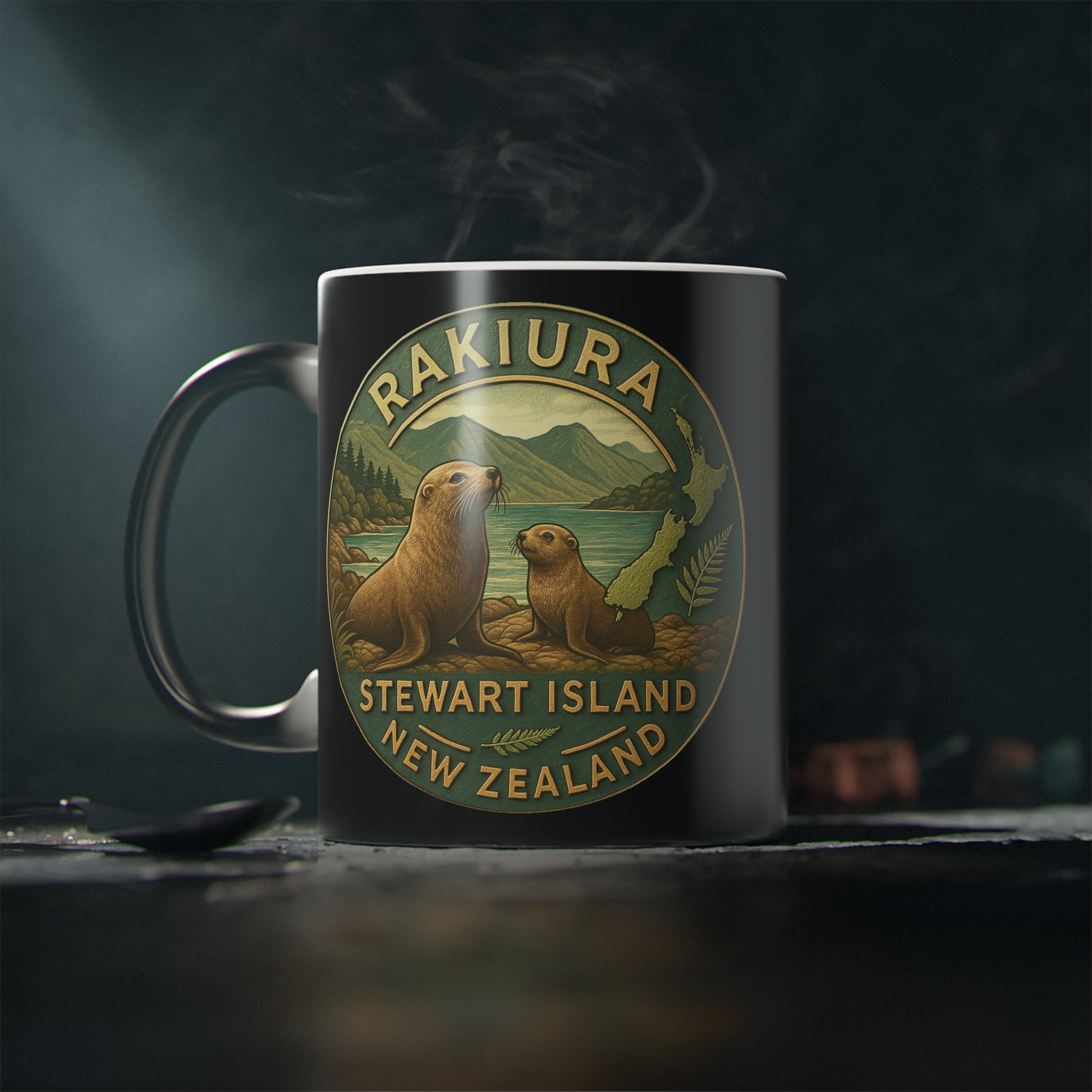 Coffee cup Mug with Rakiura Stewart Island New Zealand design featuring seals and nature.