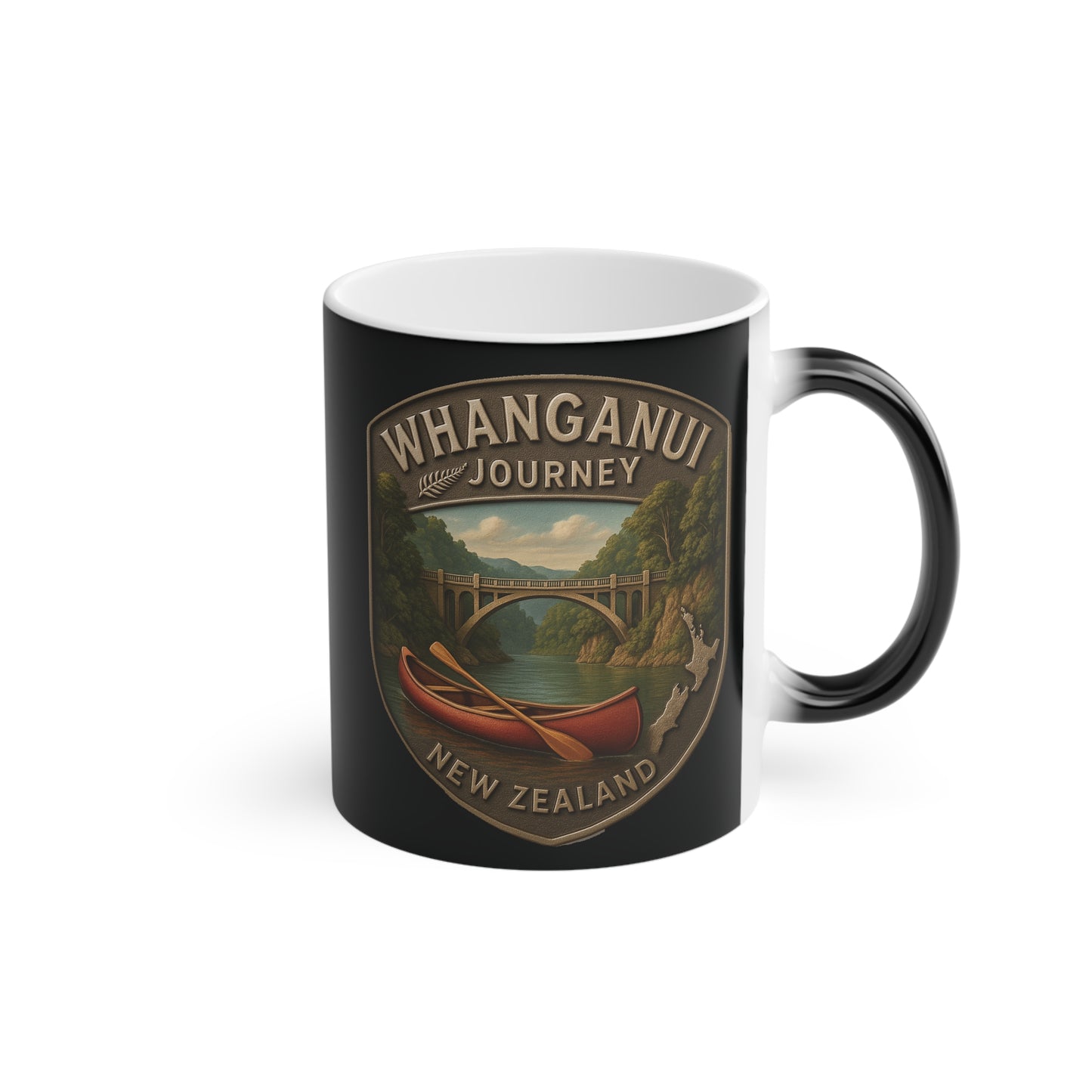 Black mug with 'Whanganui Journey New Zealand' design featuring a bridge and canoe.