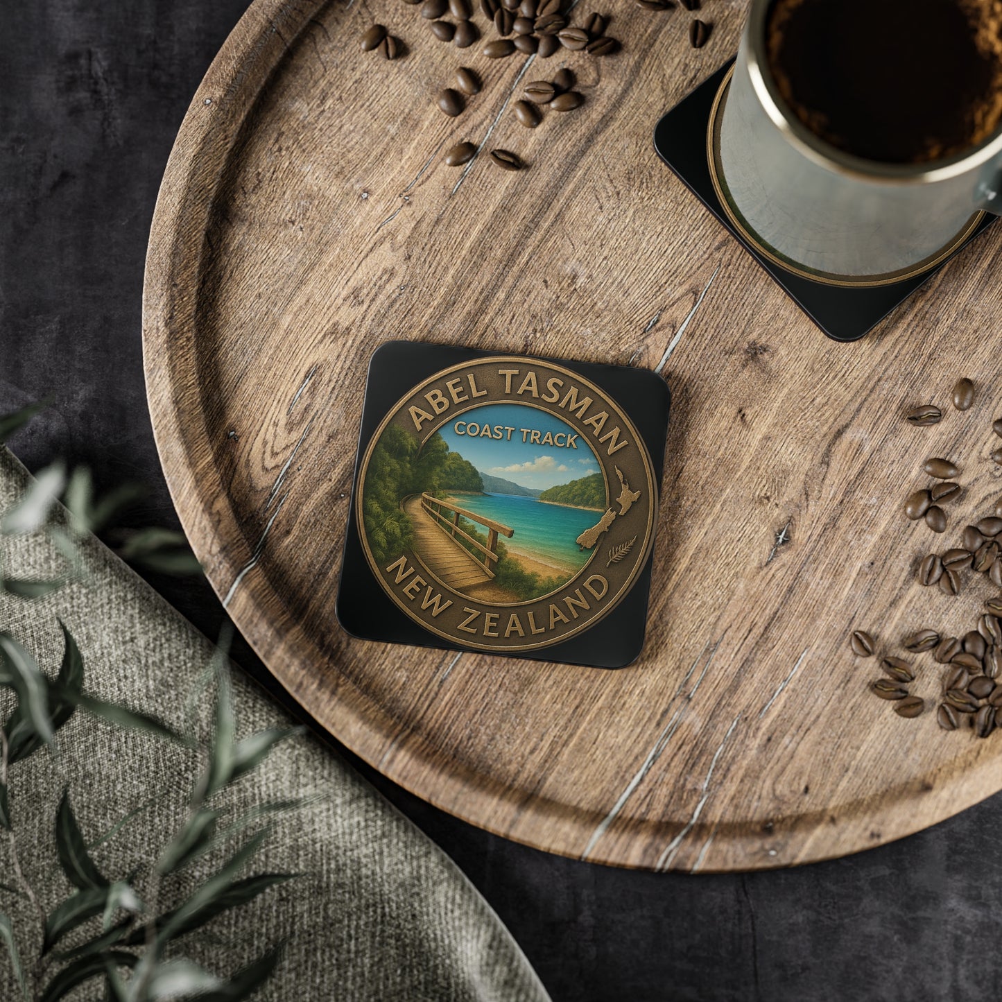 Coaster with Abel Tasman New Zealand design on a wooden tray with coffee and seeds.