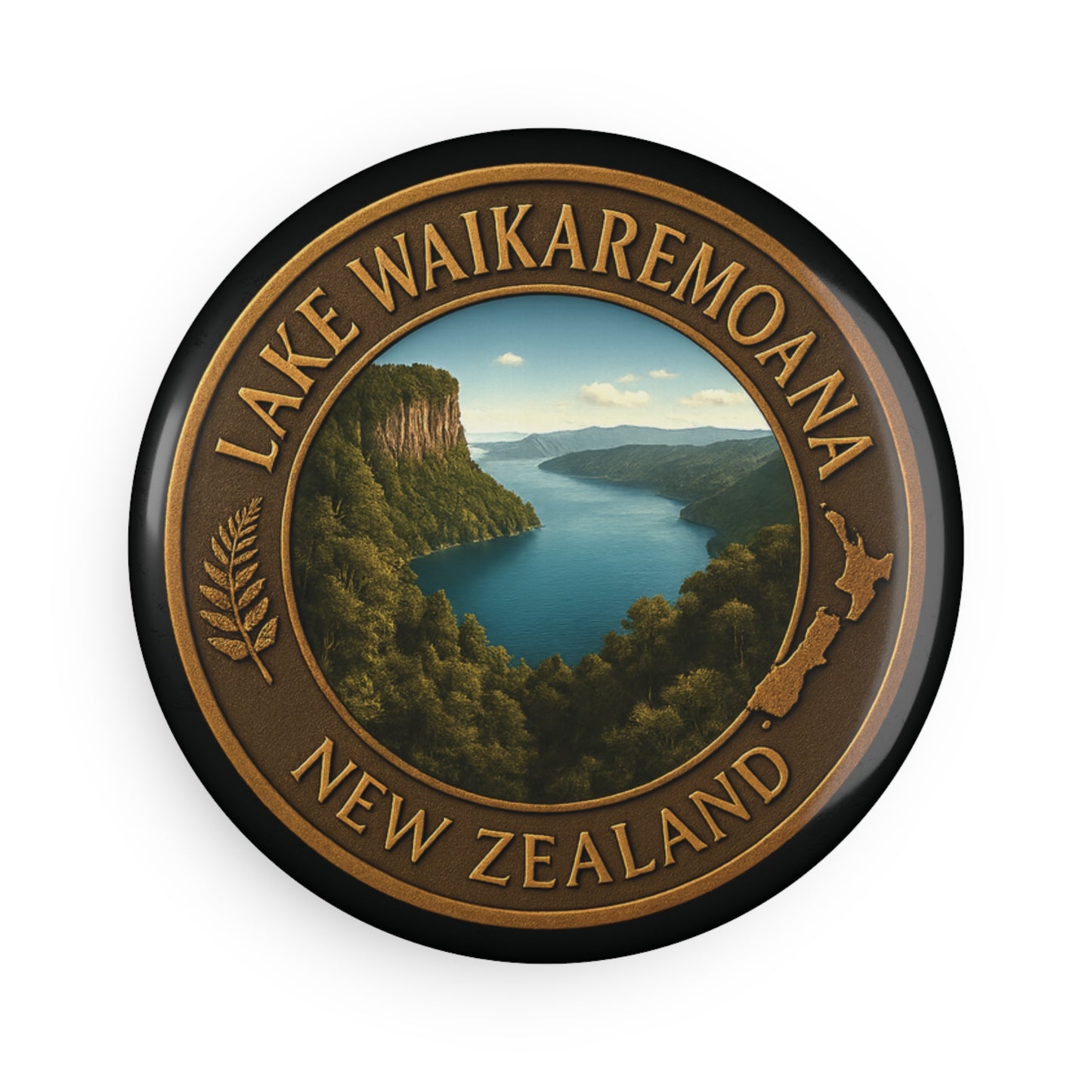 Round Fridge Magnet with Lake Waikaremoana Track New Zealand design on a white background