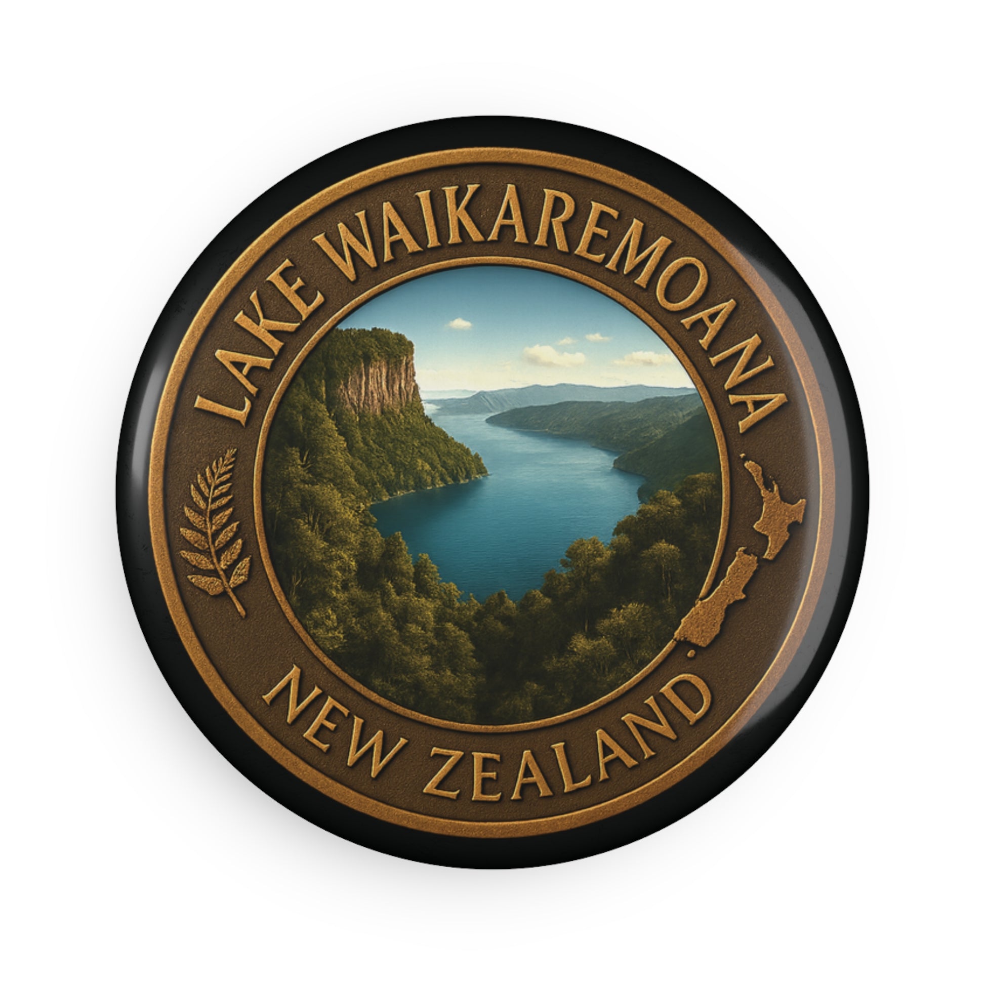 Round Fridge Magnet with Lake Waikaremoana Track New Zealand design on a white background