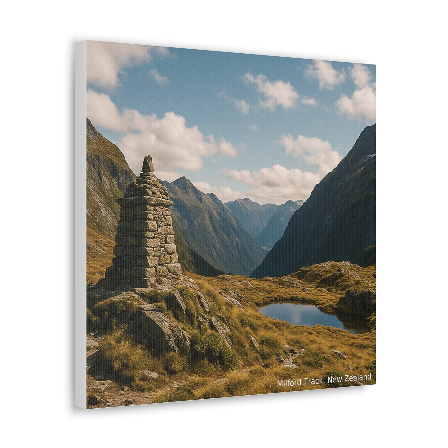 Stone cairn on a mountain with a lake and mountains in the background