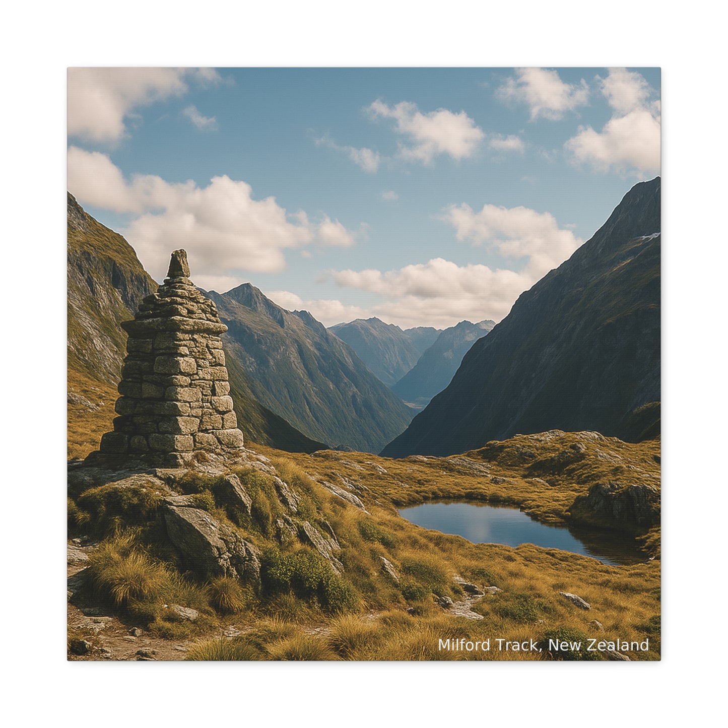 Stone cairn on a mountain with a lake and mountains in the background, labeled 'Milford Track, New Zealand'.