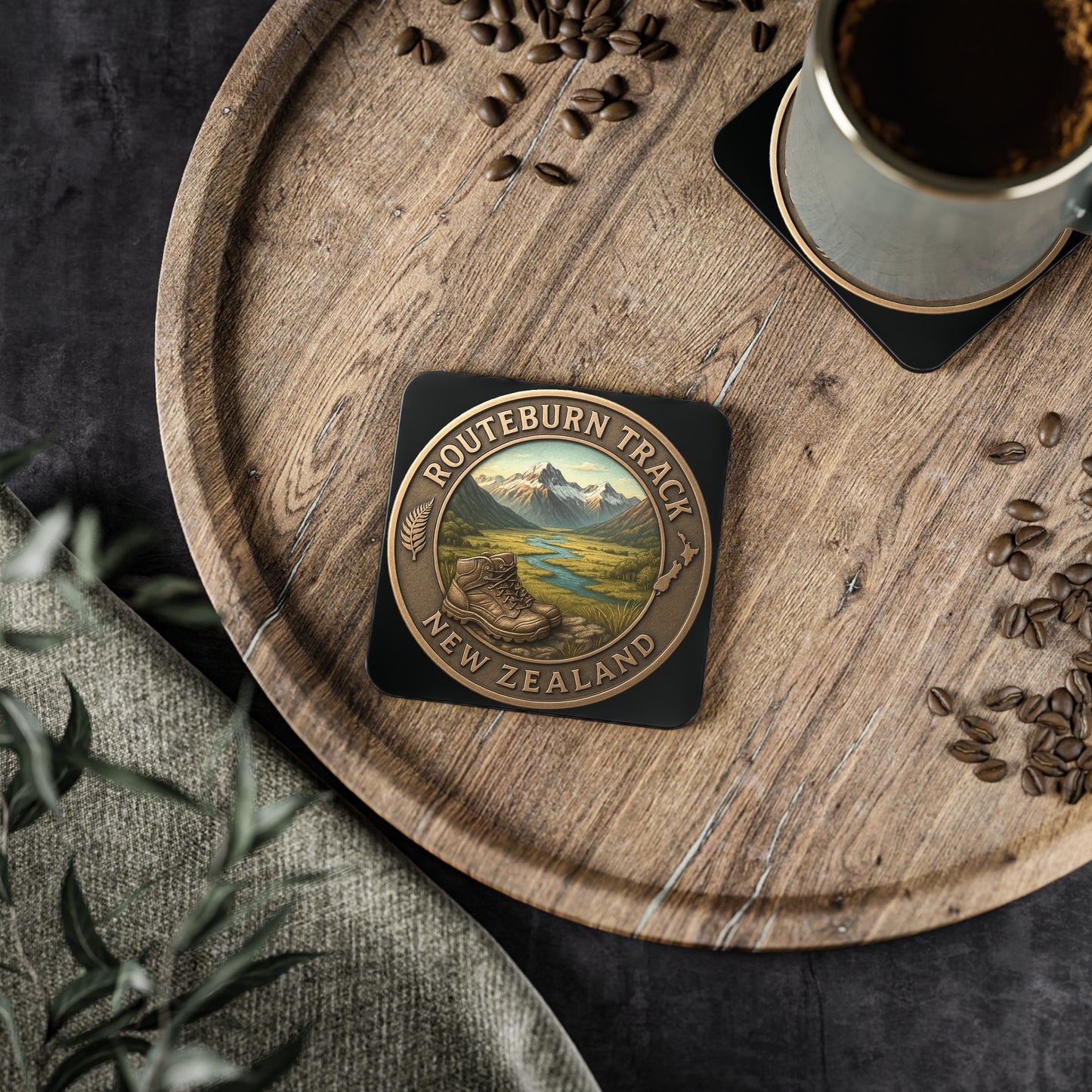 Coaster with Routeburn Track design on a wooden tray with coffee and coffee beans.