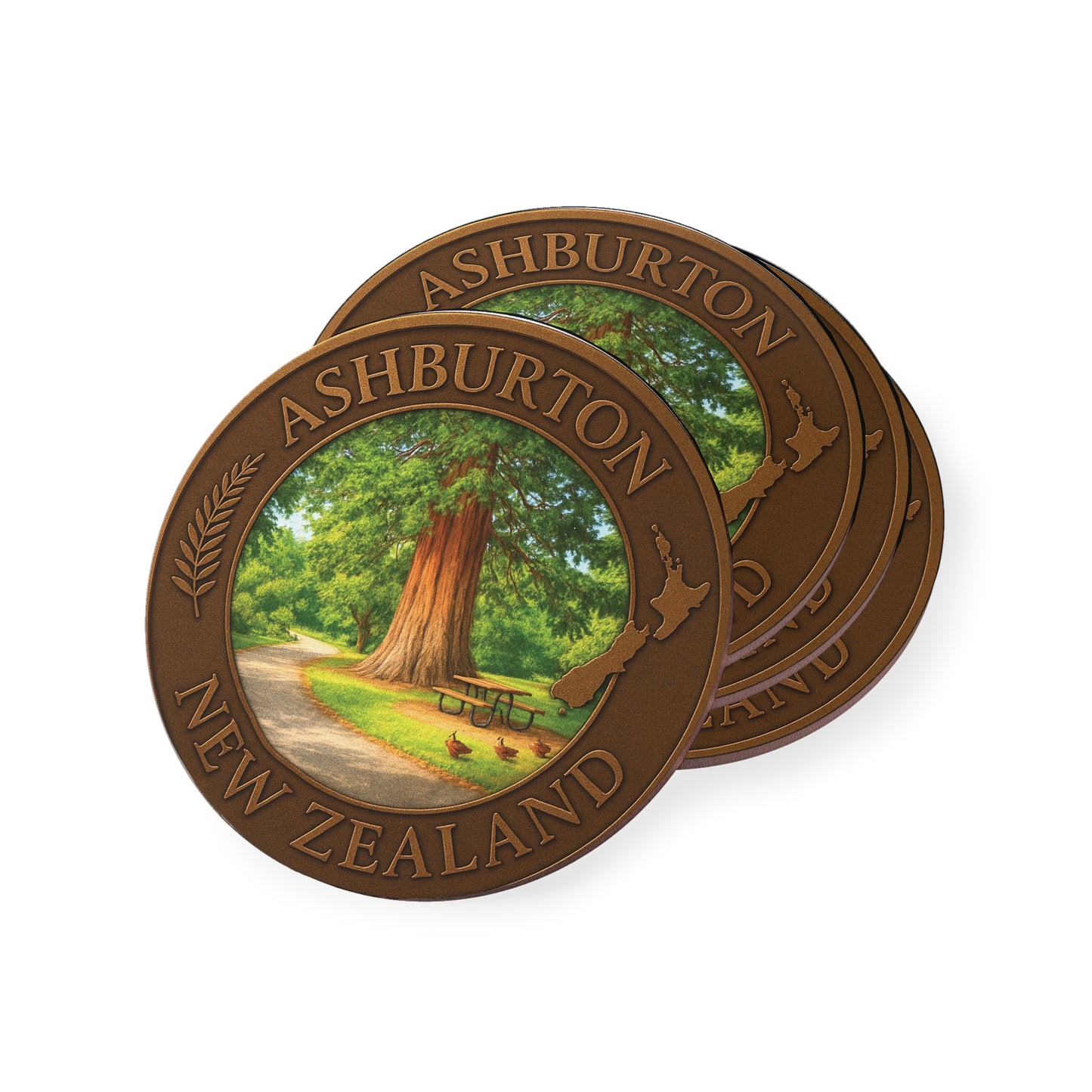 Two round wooden coasters with Ashburton, New Zealand design featuring a tree and path.