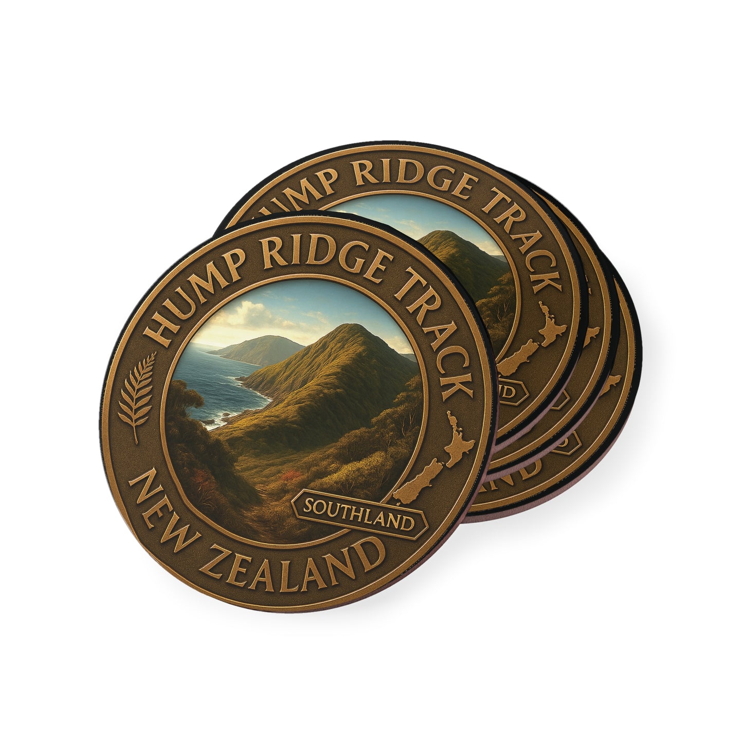Two round metal coasters with Hump Ridge Track New Zealand design on a white background