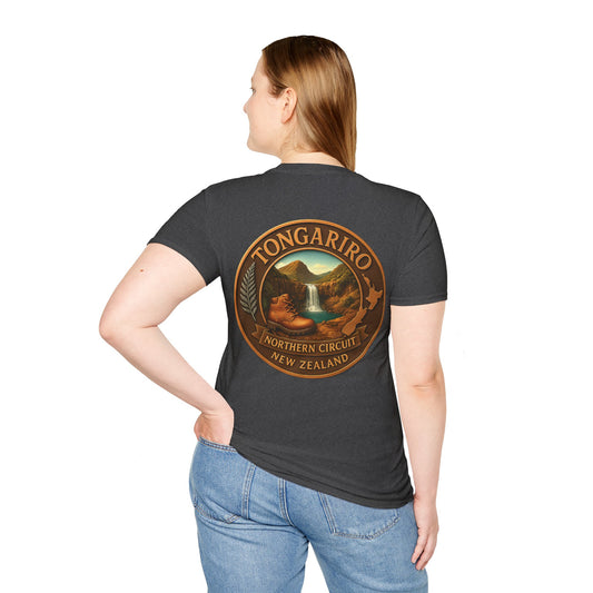 Person wearing a black t-shirt with Tongariro Northern Circuit New Zealand design on the back