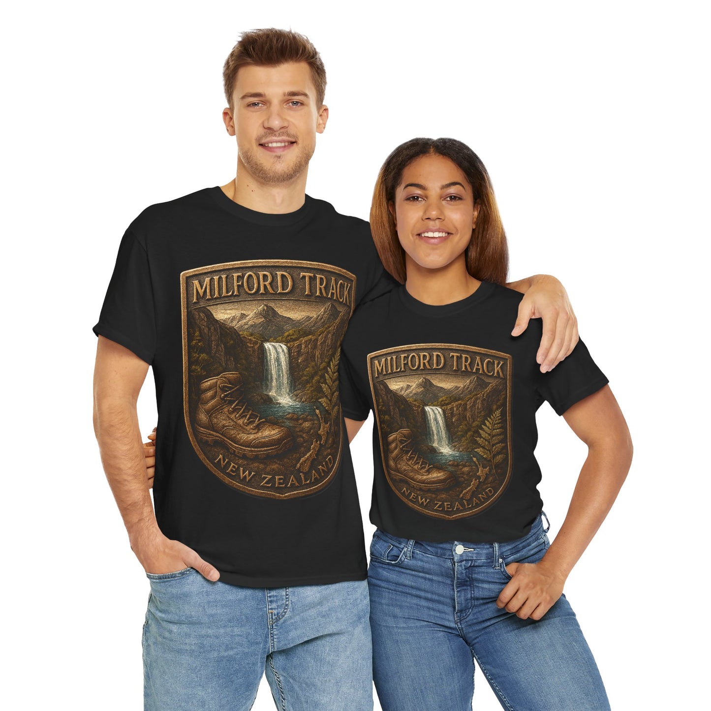 Two people wearing black t-shirts with 'Milford Track, New Zealand' design on a white background