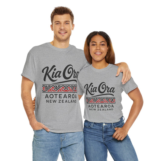 Two people wearing gray t-shirts with 'Kia Ora Aotearoa New Zealand' text.