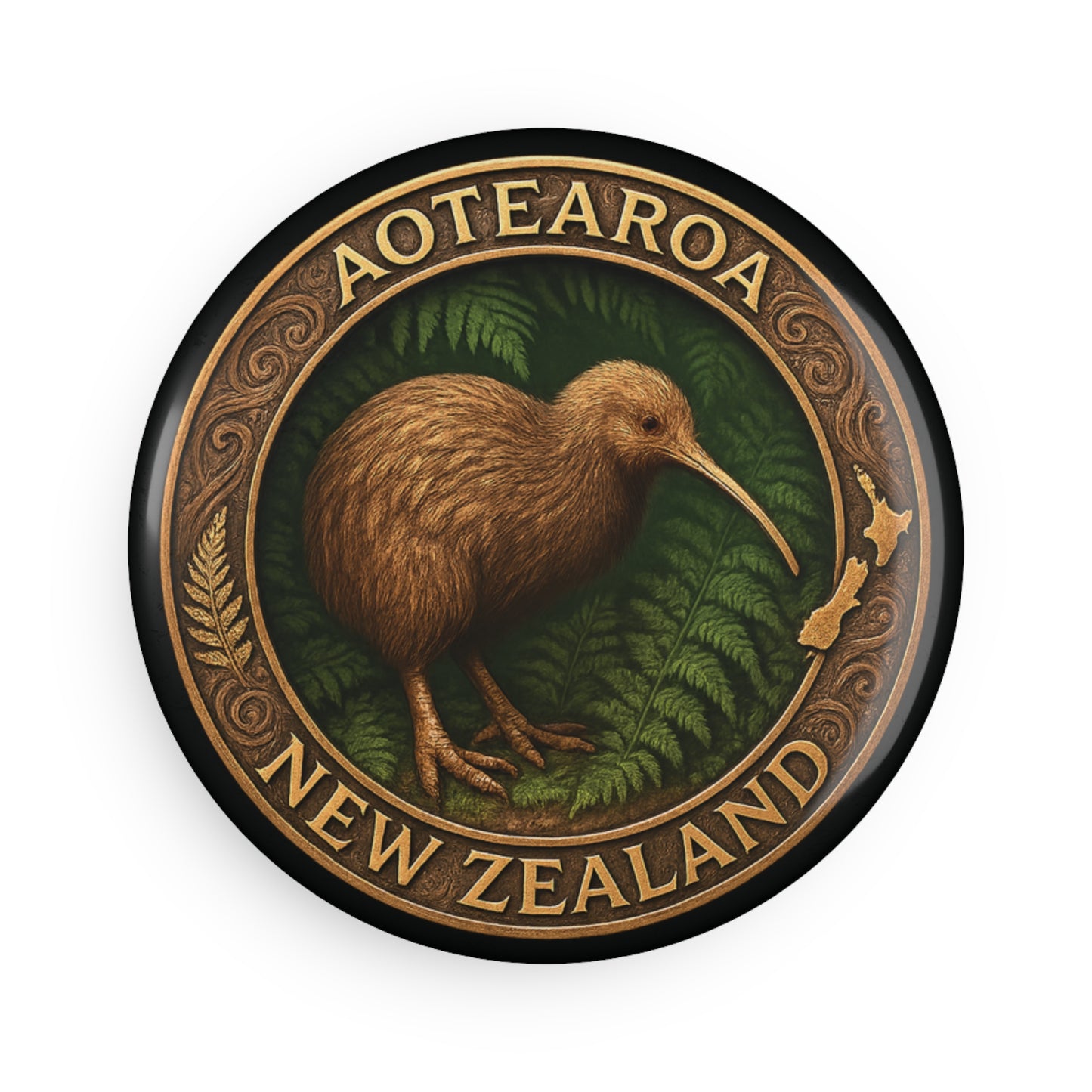 Round Fridge Magnet with a kiwi bird illustration and 'Aotearoa New Zealand' text on a white background