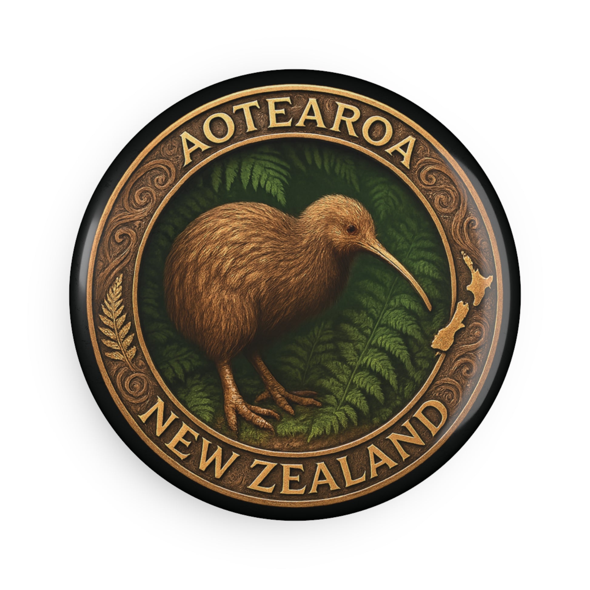 Round Fridge Magnet with a kiwi bird illustration and 'Aotearoa New Zealand' text on a white background