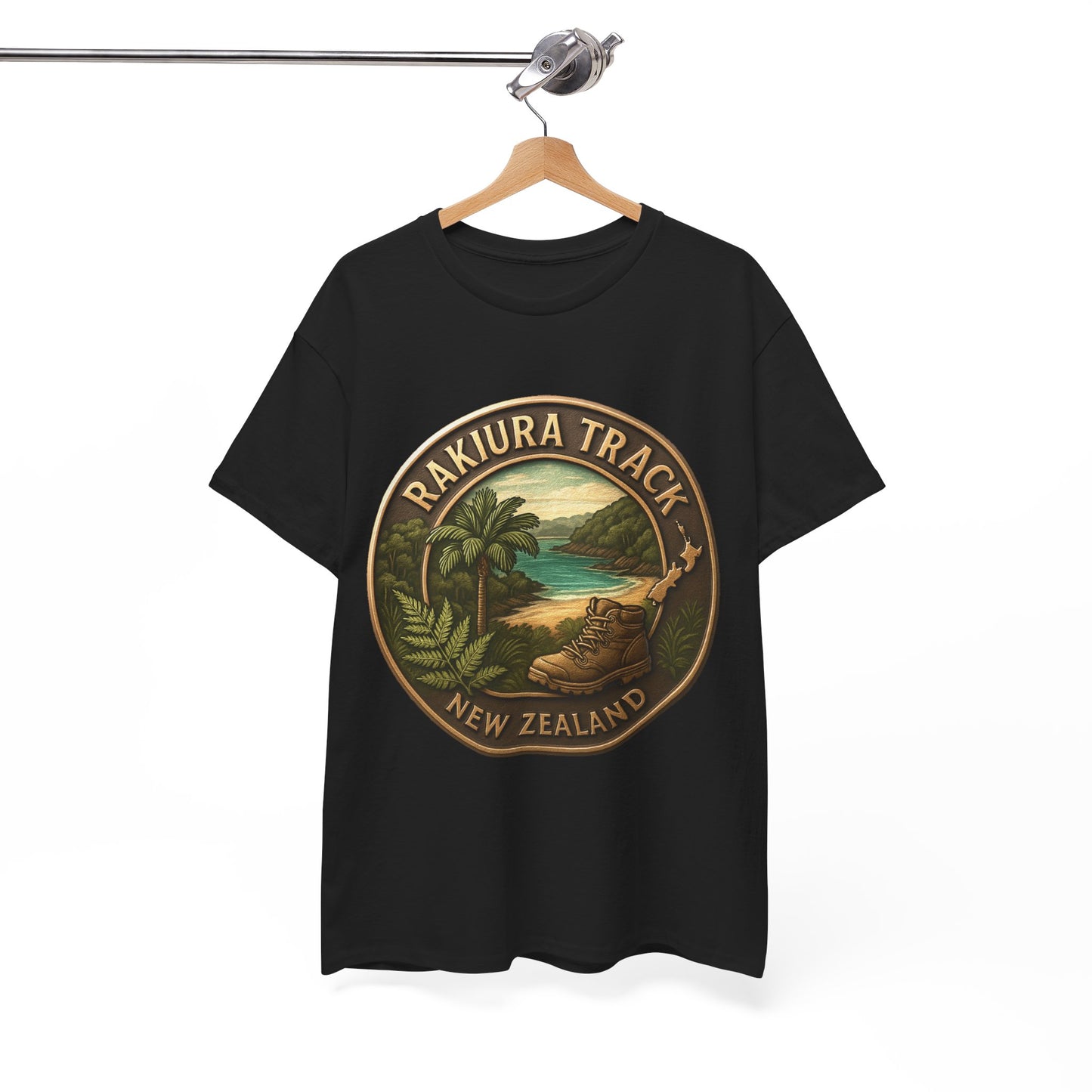 Black t-shirt with a 'Rakiura Track, New Zealand' design on a hanger against a white background