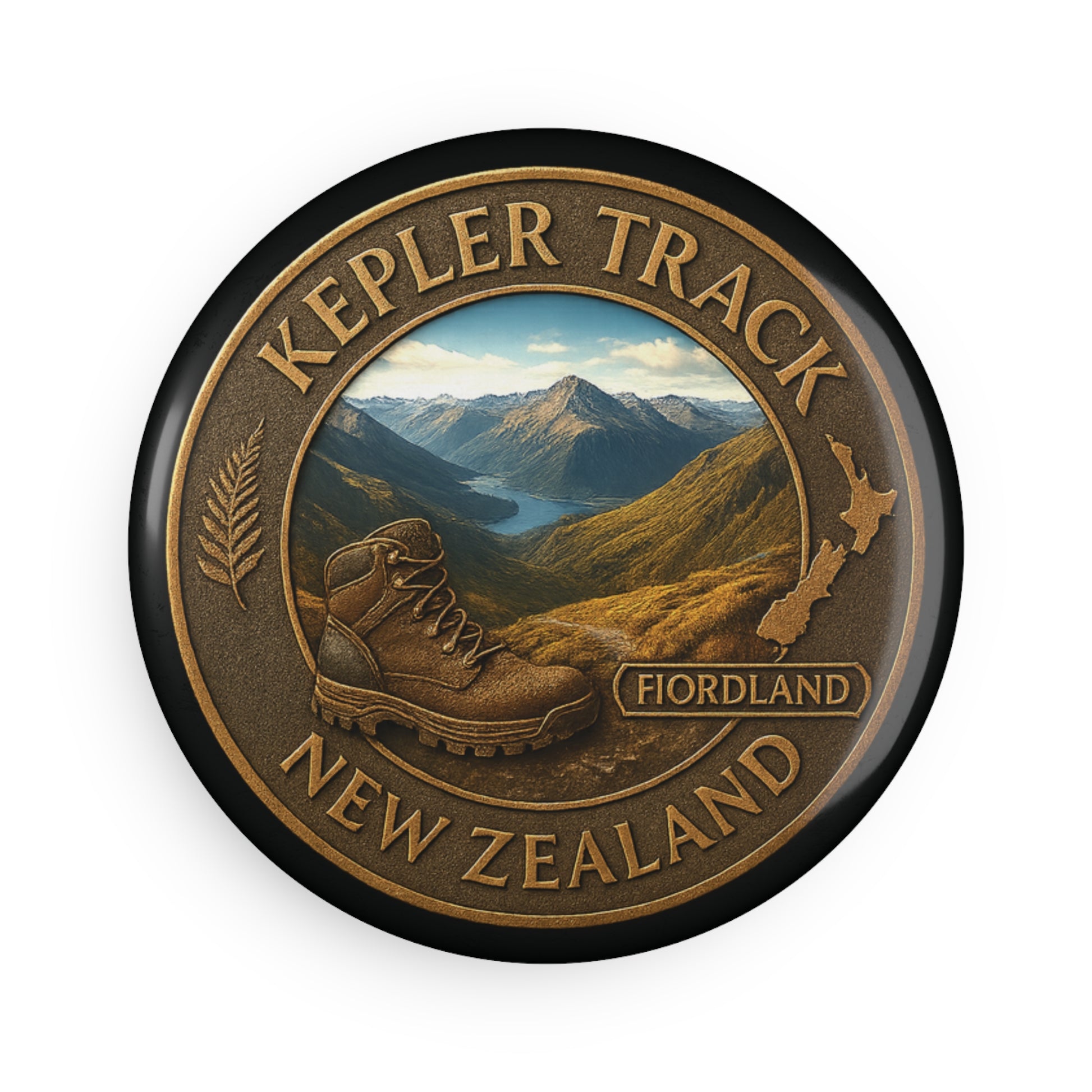 Kepler Track New Zealand badge with mountain and boot design