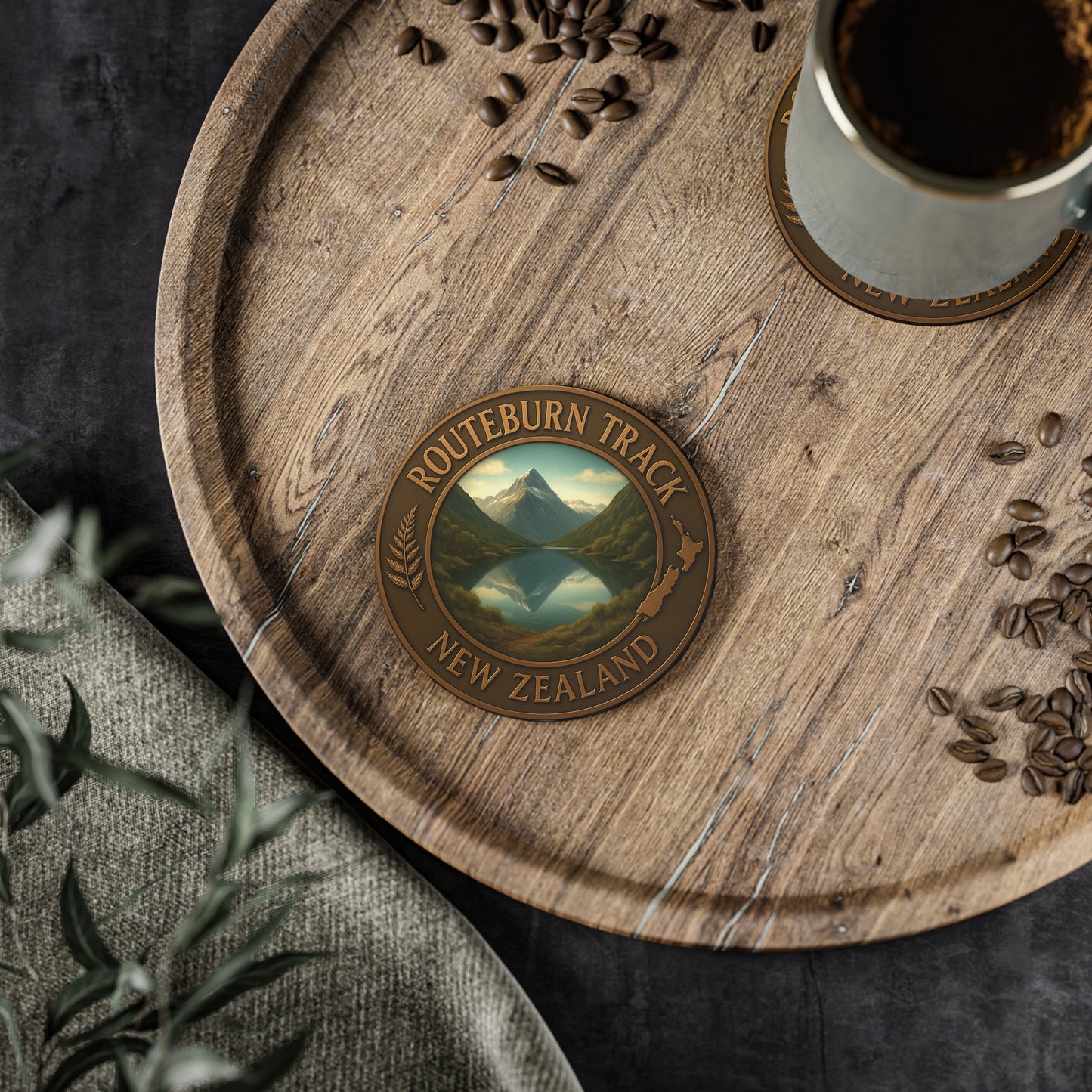 Wooden coaster with Routeburn Track New Zealand design on a wooden tray with coffee and seeds.