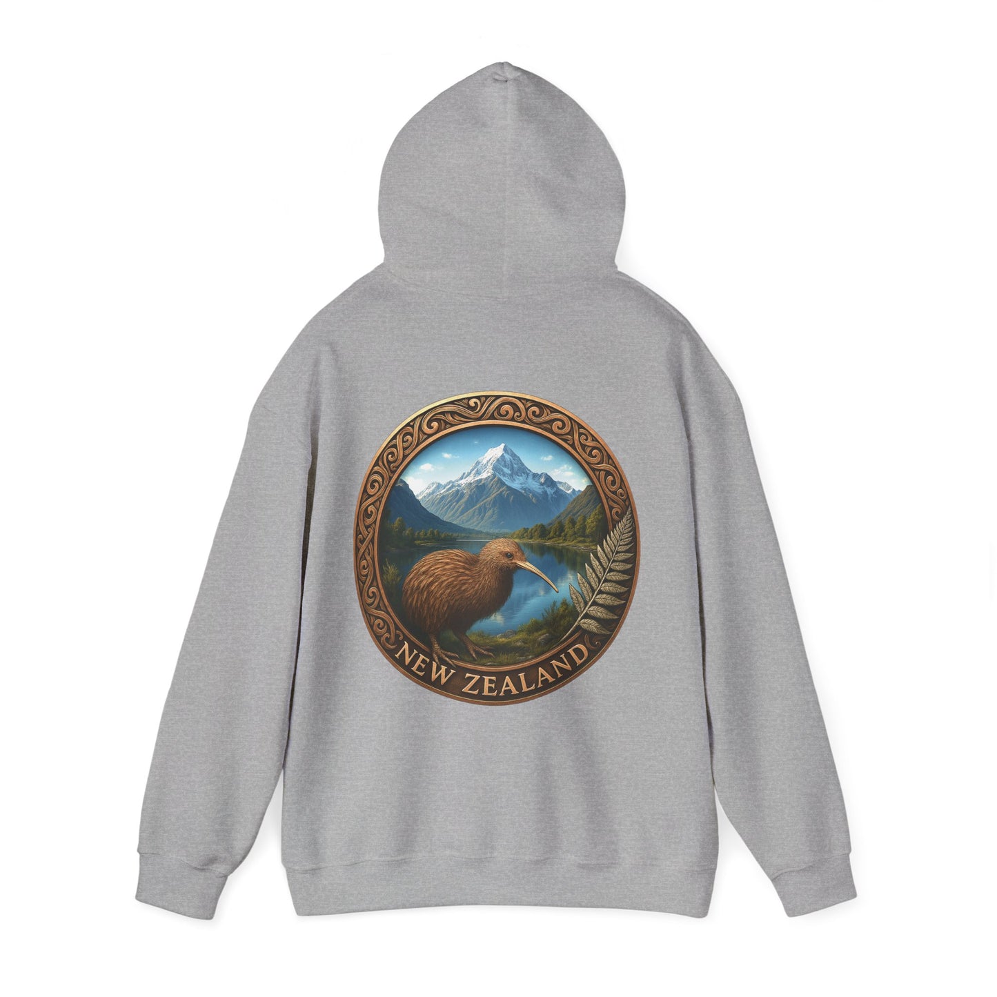 Gray hoodie with a Kiwi bird and mountain design on the back, featuring 'New Zealand' text.