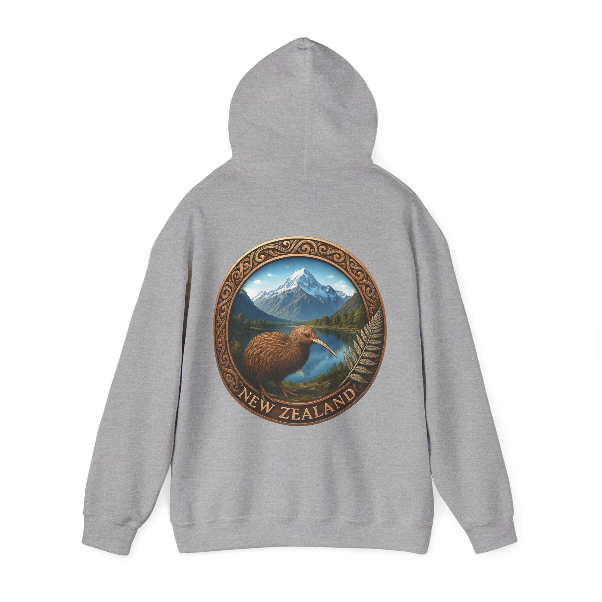 Gray hoodie with a Kiwi bird and mountain design on the back, featuring 'New Zealand' text.