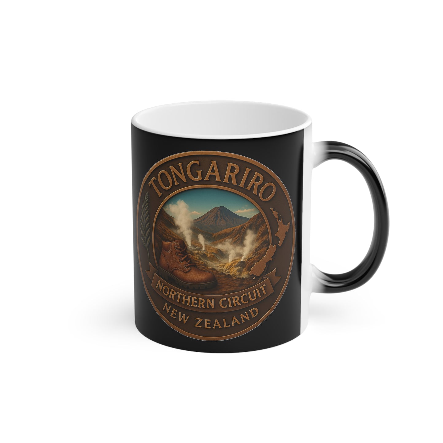 Black mug with Tongariro Northern Circuit New Zealand design on a white background