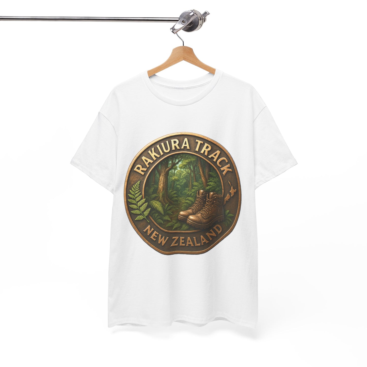 White t-shirt with Rakiura Track New Zealand design on a hanger against a white background