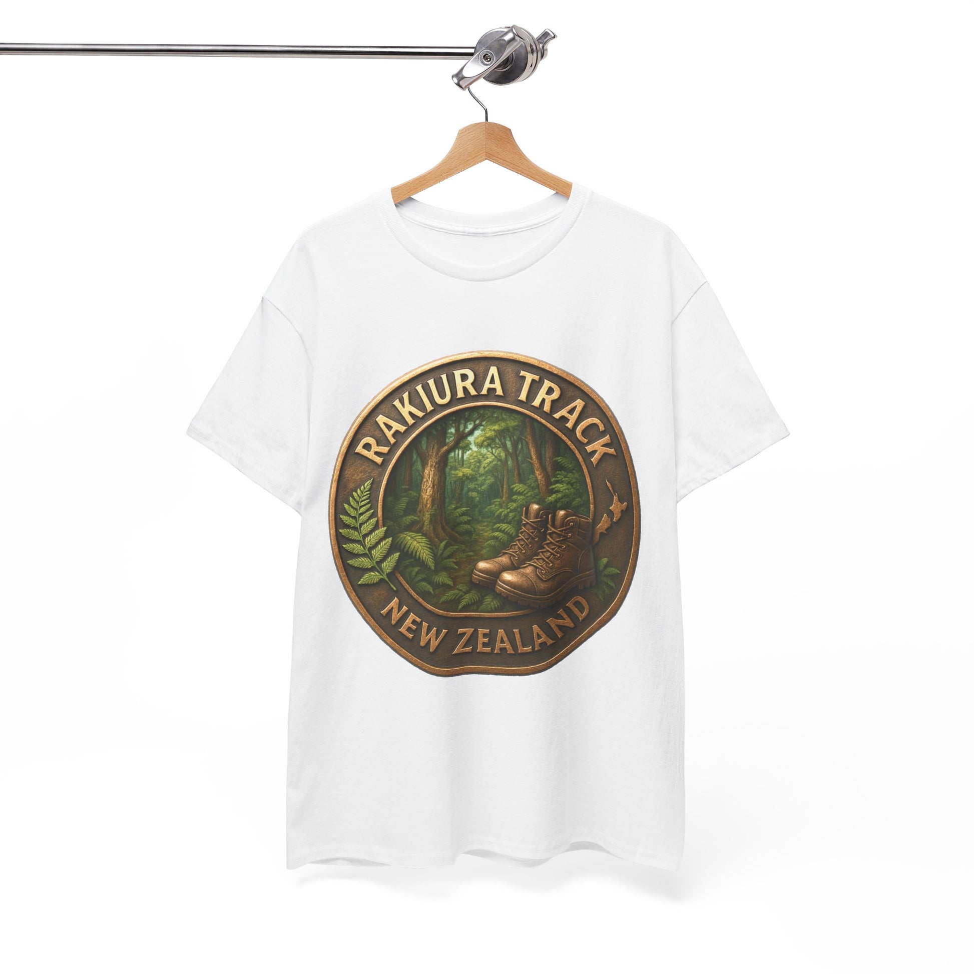 White t-shirt with Rakiura Track New Zealand design on a hanger against a white background