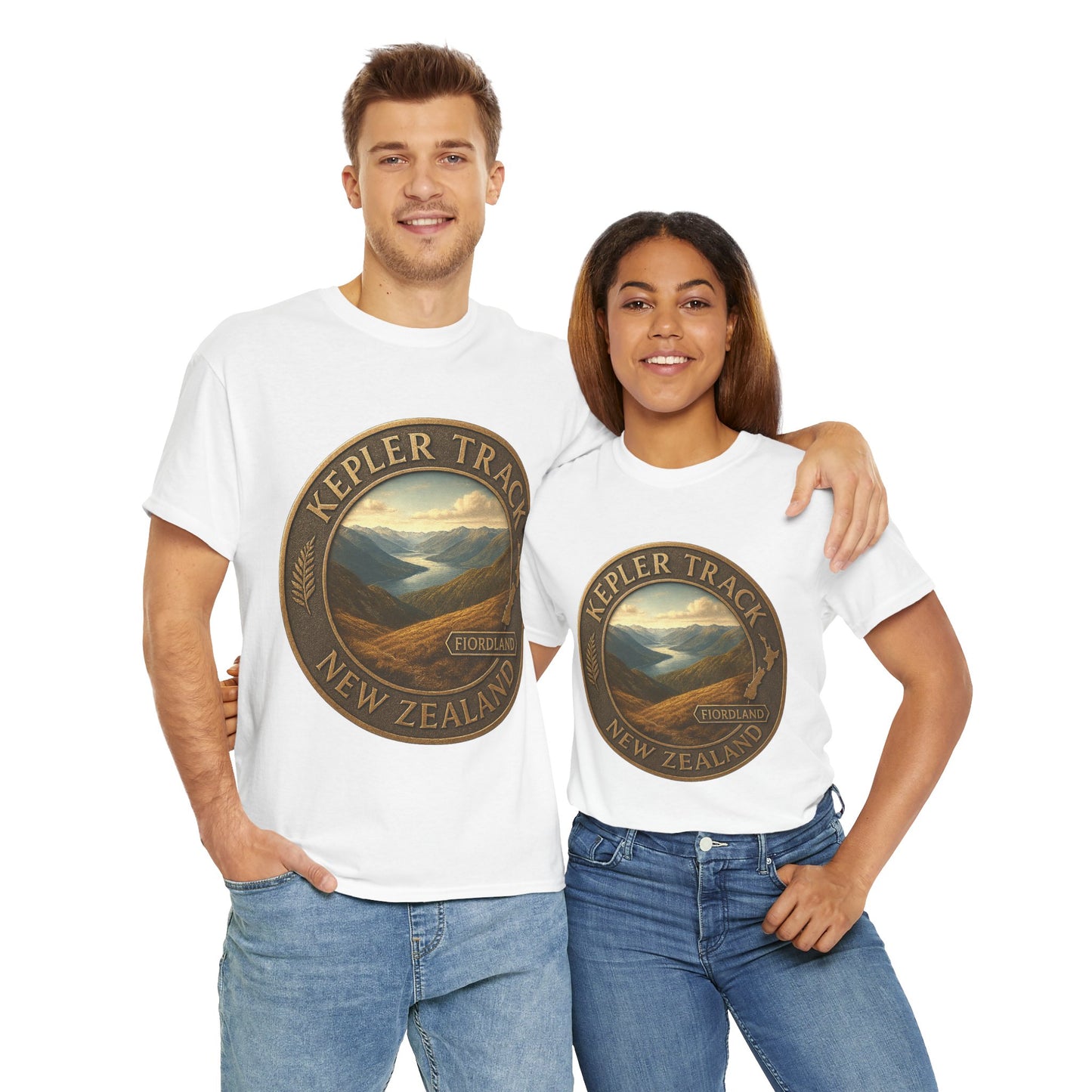 Two people wearing white t-shirts with a 'Kepler Track New Zealand' design on a white background