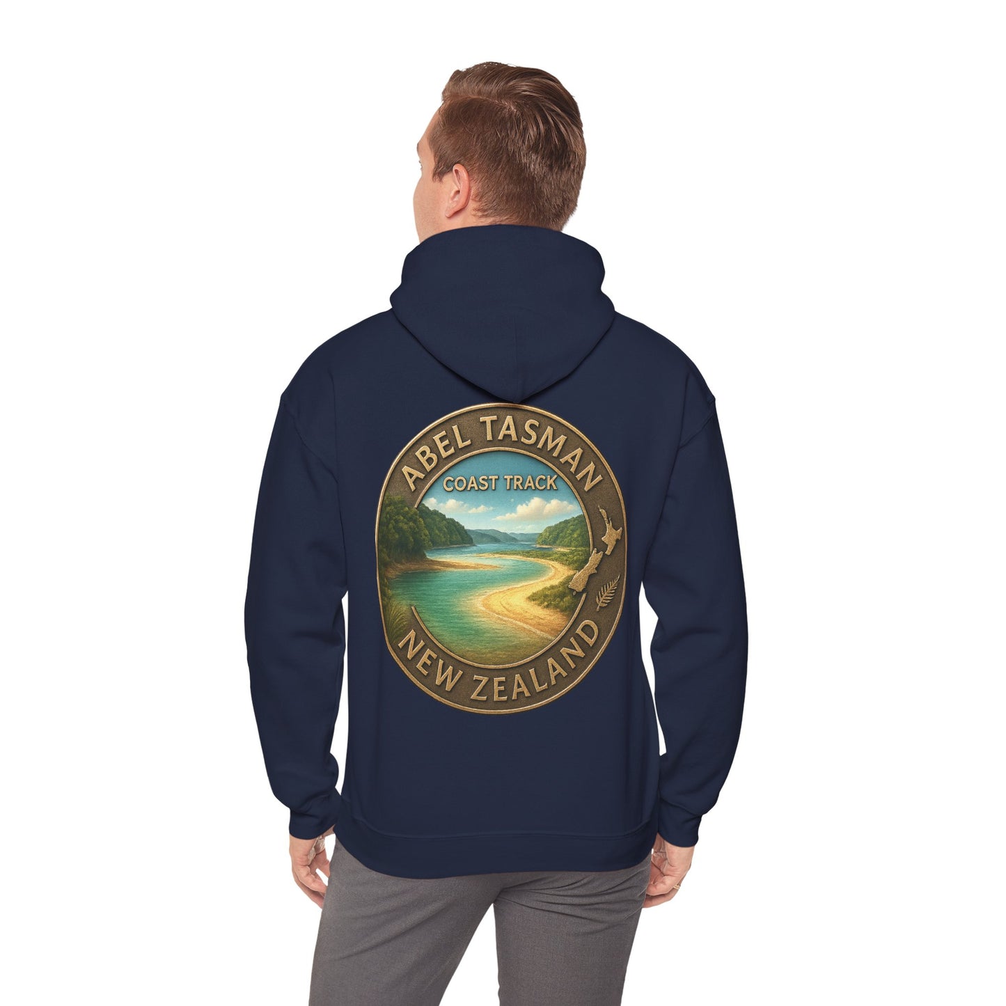 Navy blue hoodie with 'Abel Tasman Coast Track, New Zealand' design on the back