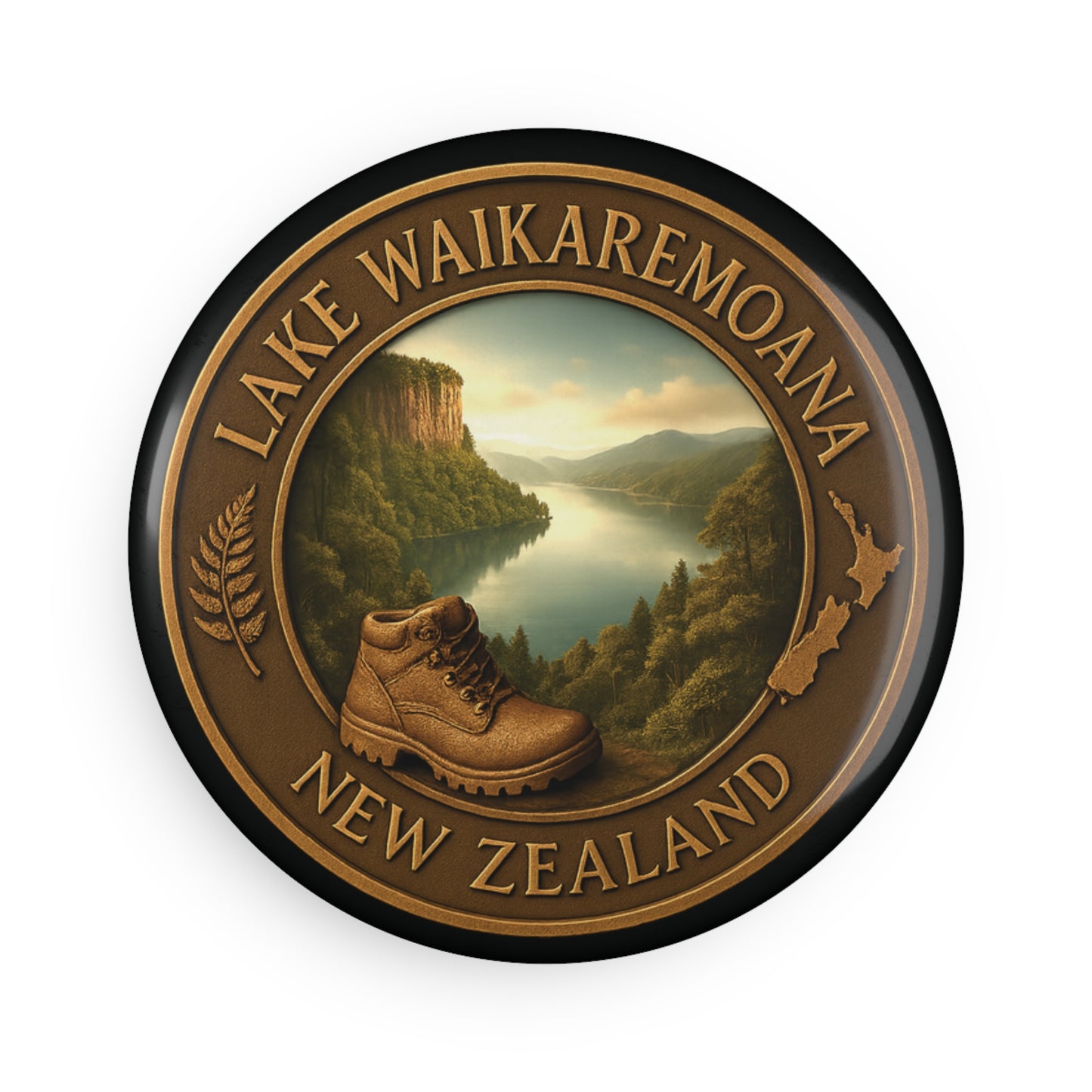 Round Fridge Magnet with Lake Waikaremoana New Zealand design featuring a hiking boot and scenic landscape.
