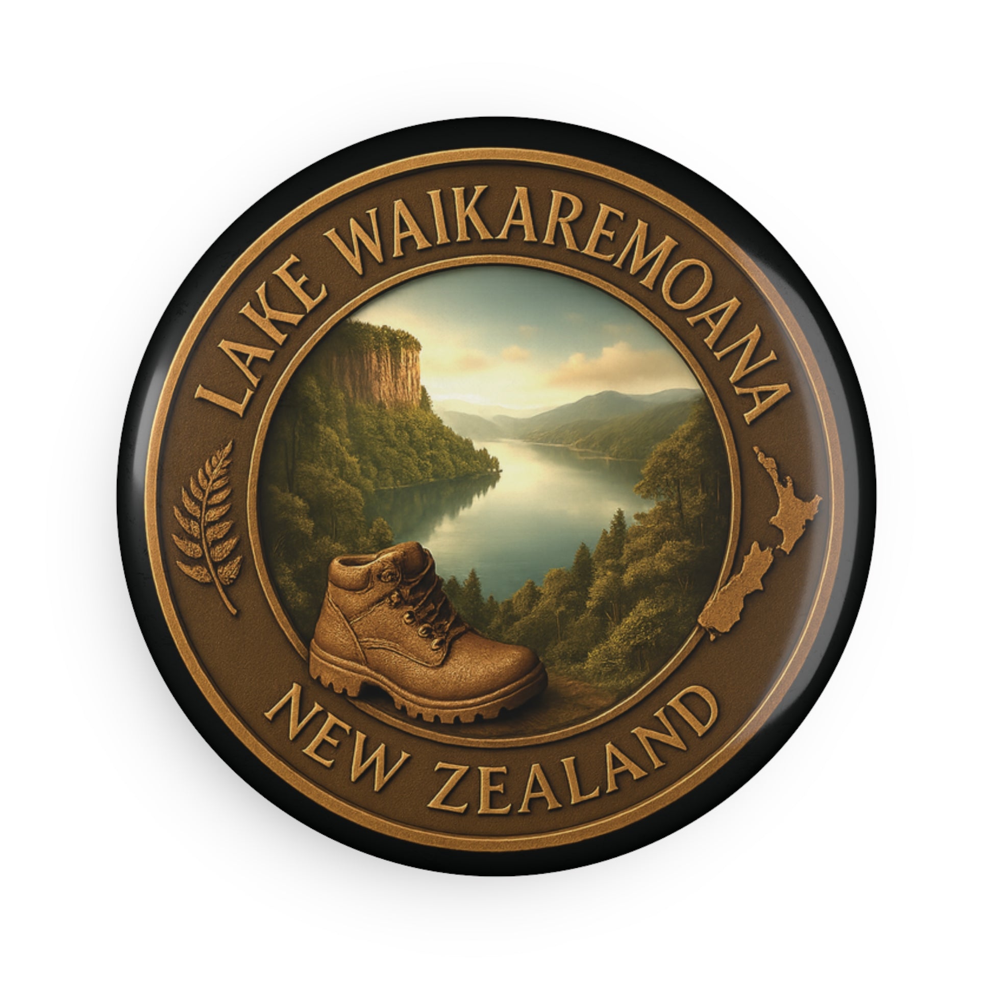 Round Fridge Magnet with Lake Waikaremoana New Zealand design featuring a hiking boot and scenic landscape.