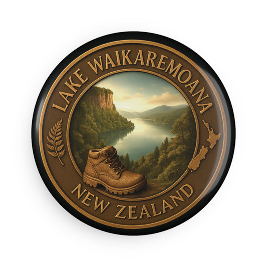 Round Fridge Magnet with Lake Waikaremoana New Zealand design featuring a hiking boot and scenic landscape.