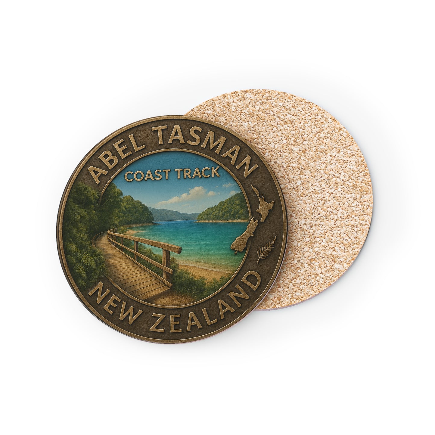 Coaster set with Abel Tasman Coast Track design on a white background