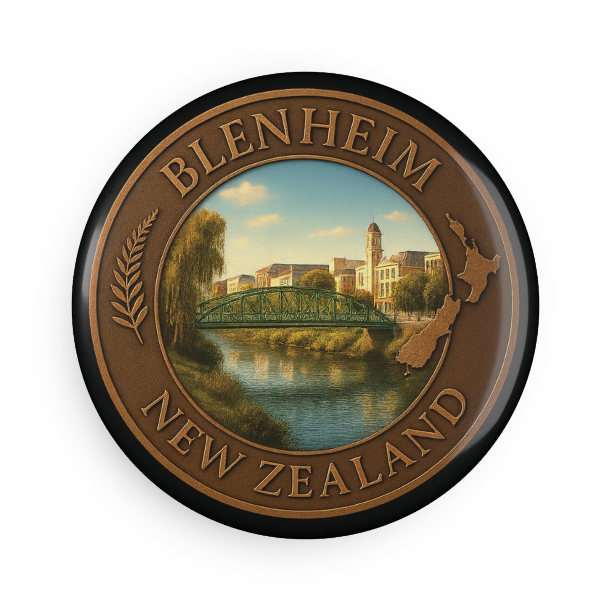 Round badge with Blenheim, New Zealand design featuring a bridge and buildings.