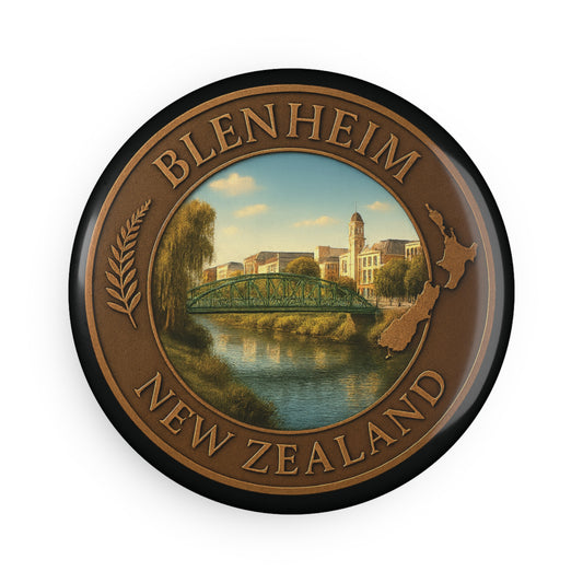 Round badge with Blenheim, New Zealand design featuring a bridge and buildings.