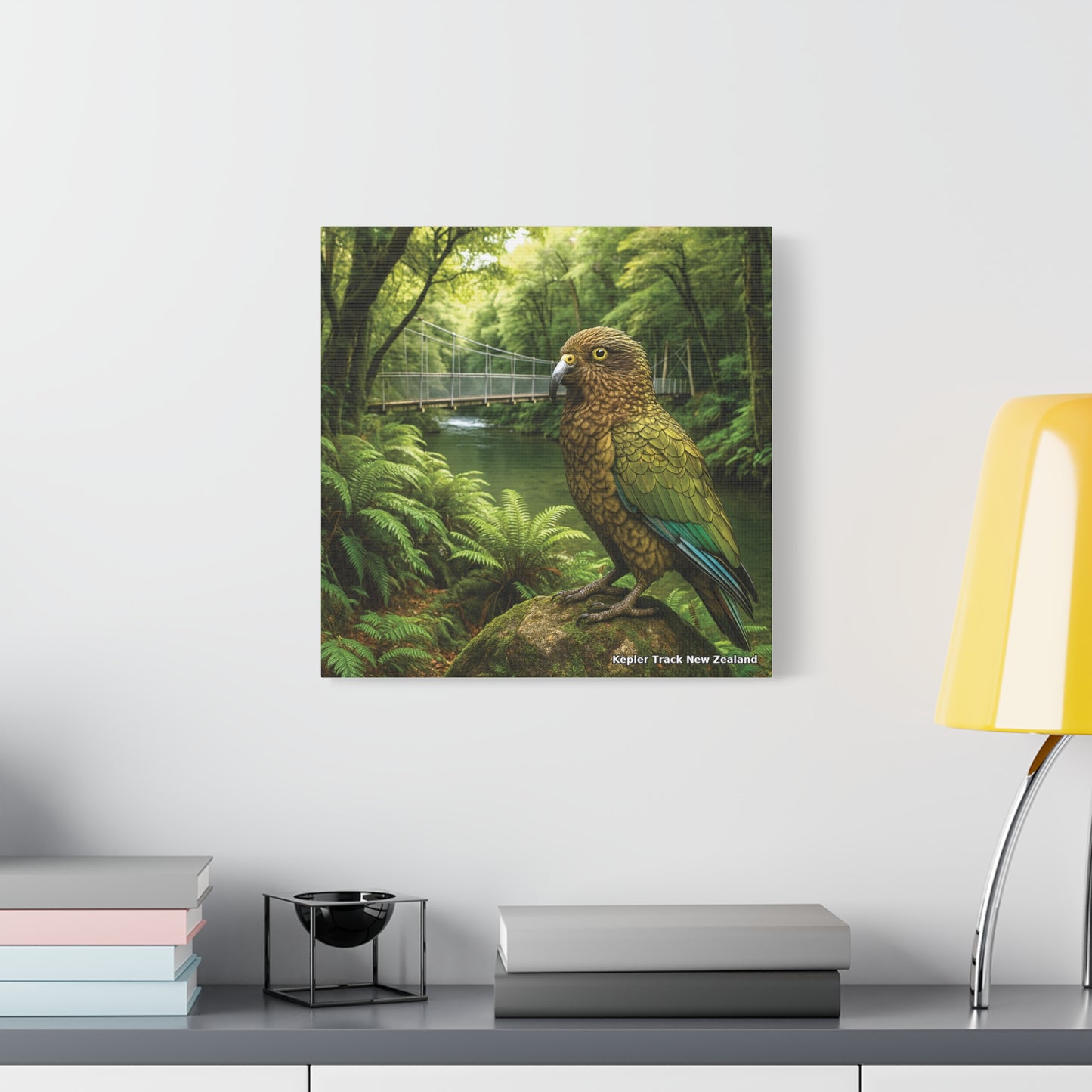 Kepler Track Canvas Print – Kea & Swing Bridge, Fiordland NZ