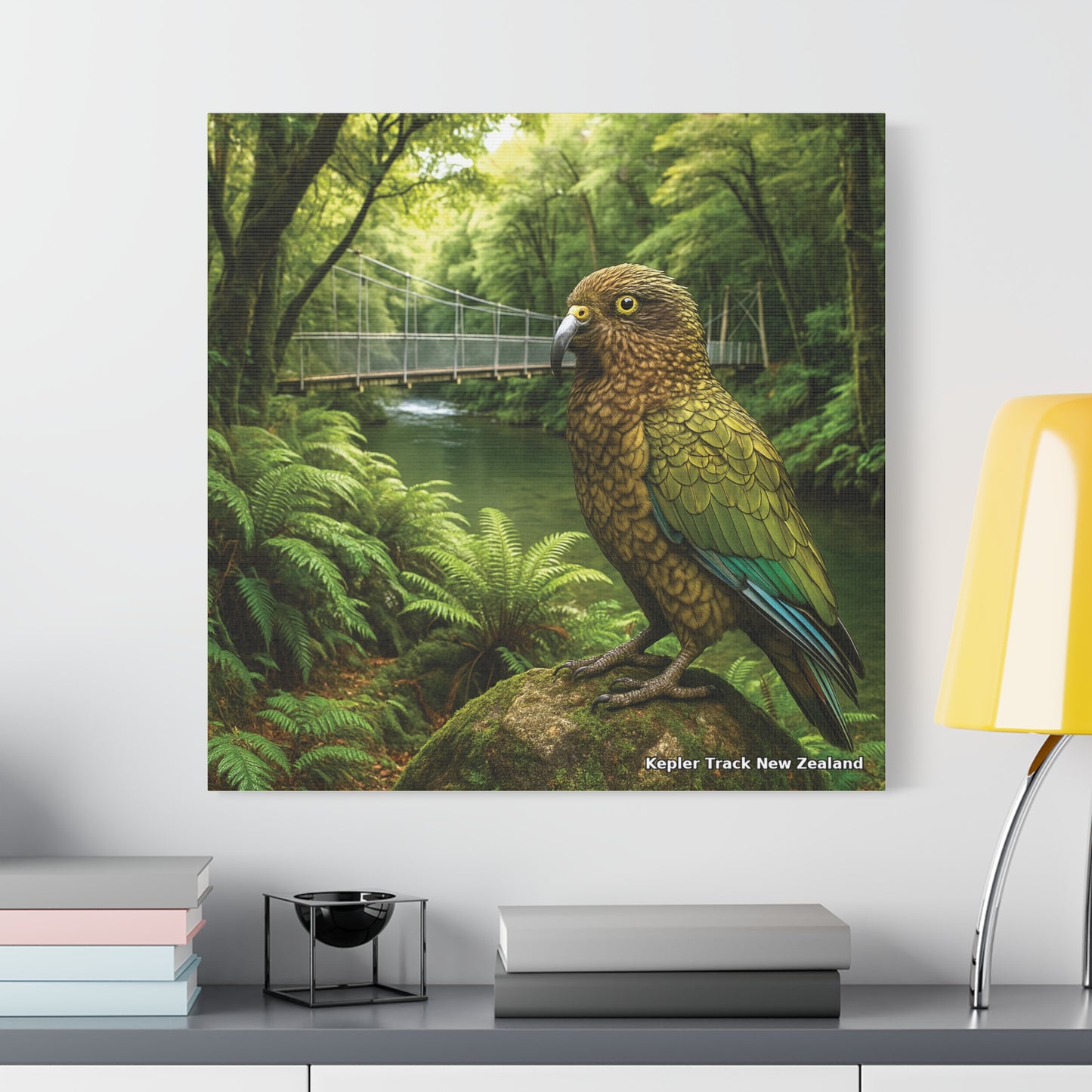 Kepler Track Canvas Print – Kea & Swing Bridge, Fiordland NZ
