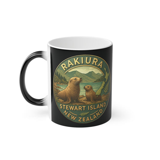 Coffee cup Black mug with Rakiura Stewart Island New Zealand design featuring seals and nature.