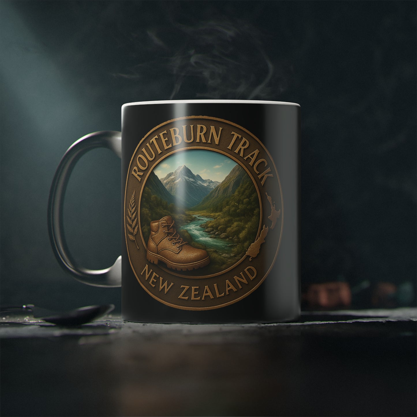 Coffee Cup Mug with Routeburn Track New Zealand design on a dark background
