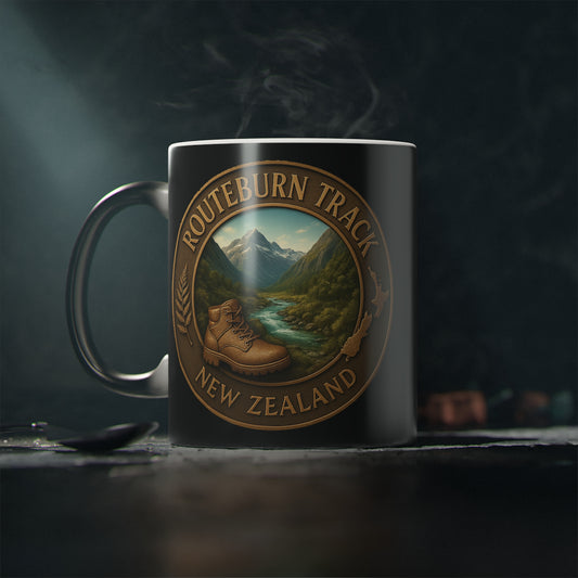 Coffee Cup Mug with Routeburn Track New Zealand design on a dark background