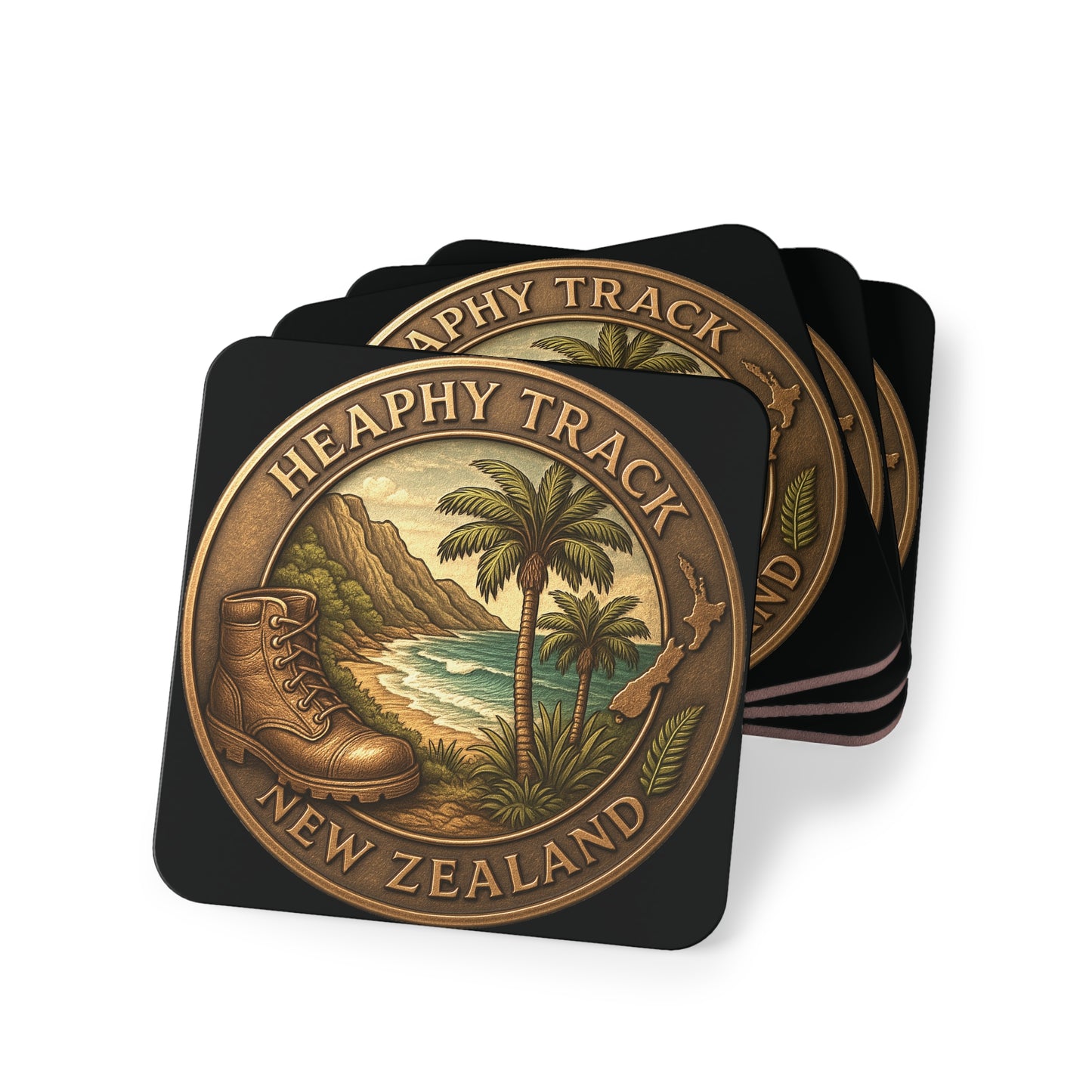 Set of Heaphy Track New Zealand coasters with scenic design on a white background