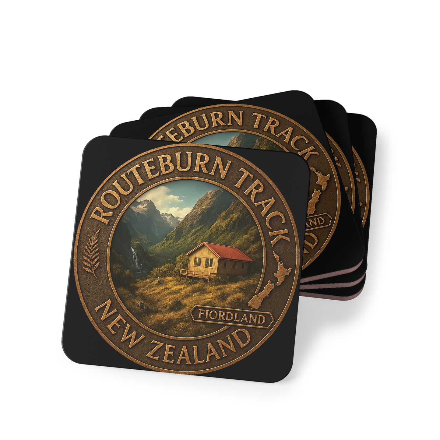 Set of four Routeburn Track New Zealand coasters with scenic design.