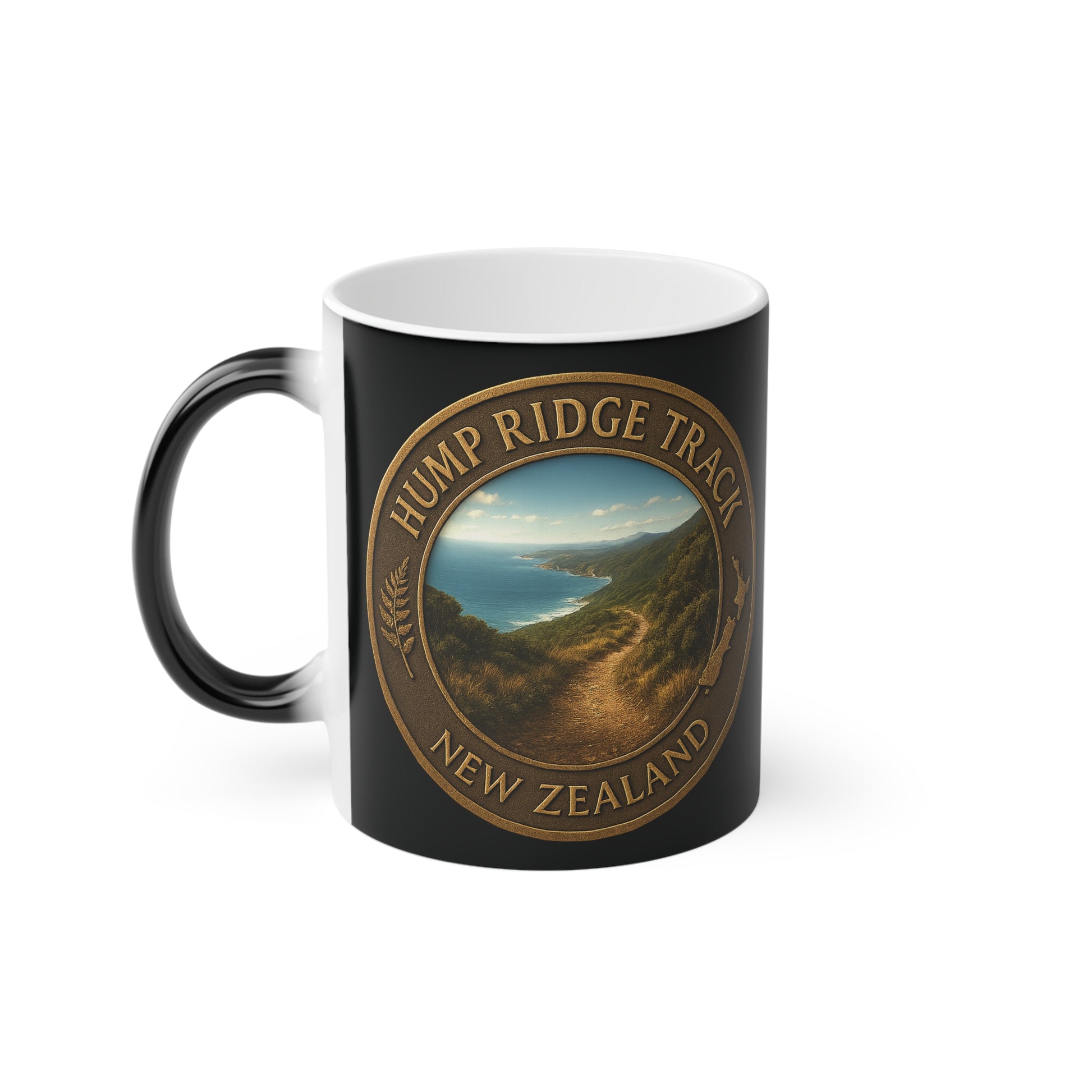 Black Coffee mug with Hump Ridge Track New Zealand design on a white background
