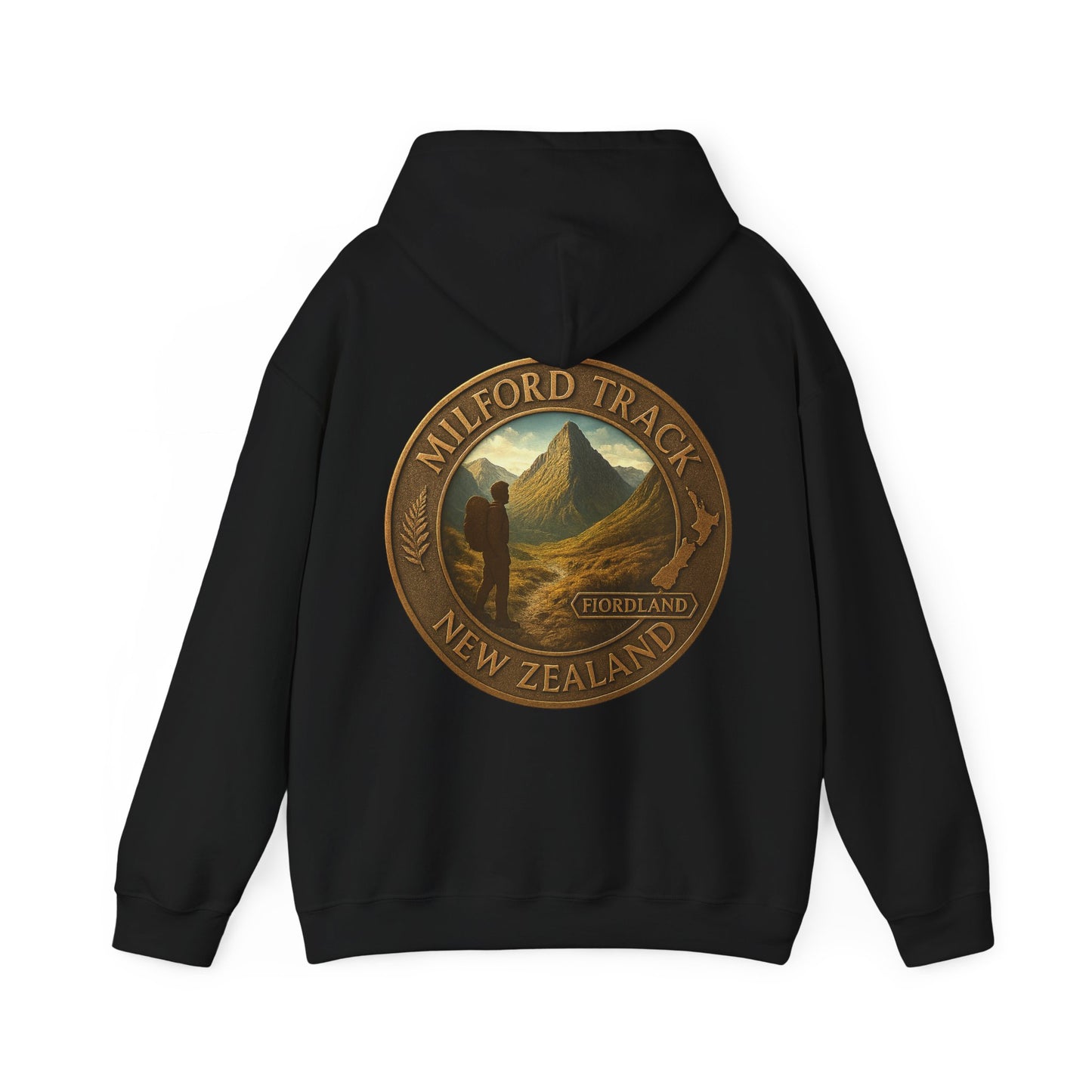 Black hoodie with Milford Track New Zealand design on the back