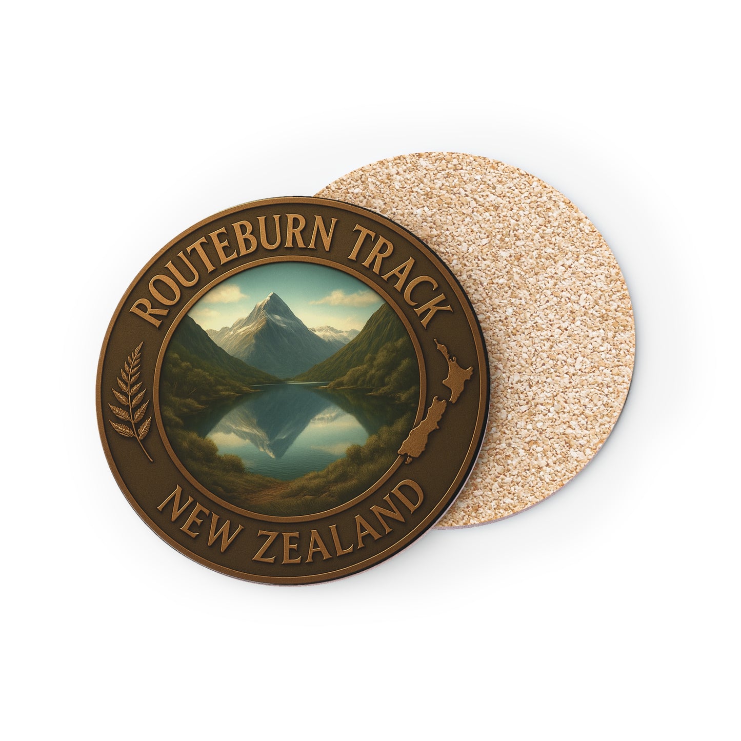 Coaster with 'Routeburn Track, New Zealand' design on a white background