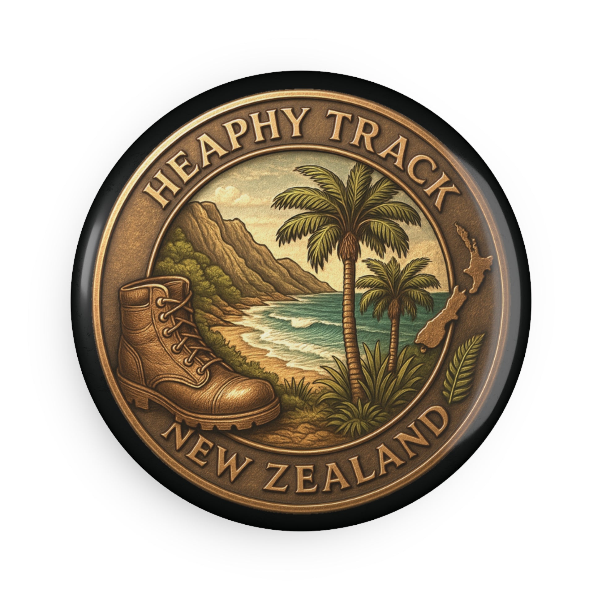 Decorative badge with 'Heaphy Track New Zealand' text, boot, palm trees, and scenic background.